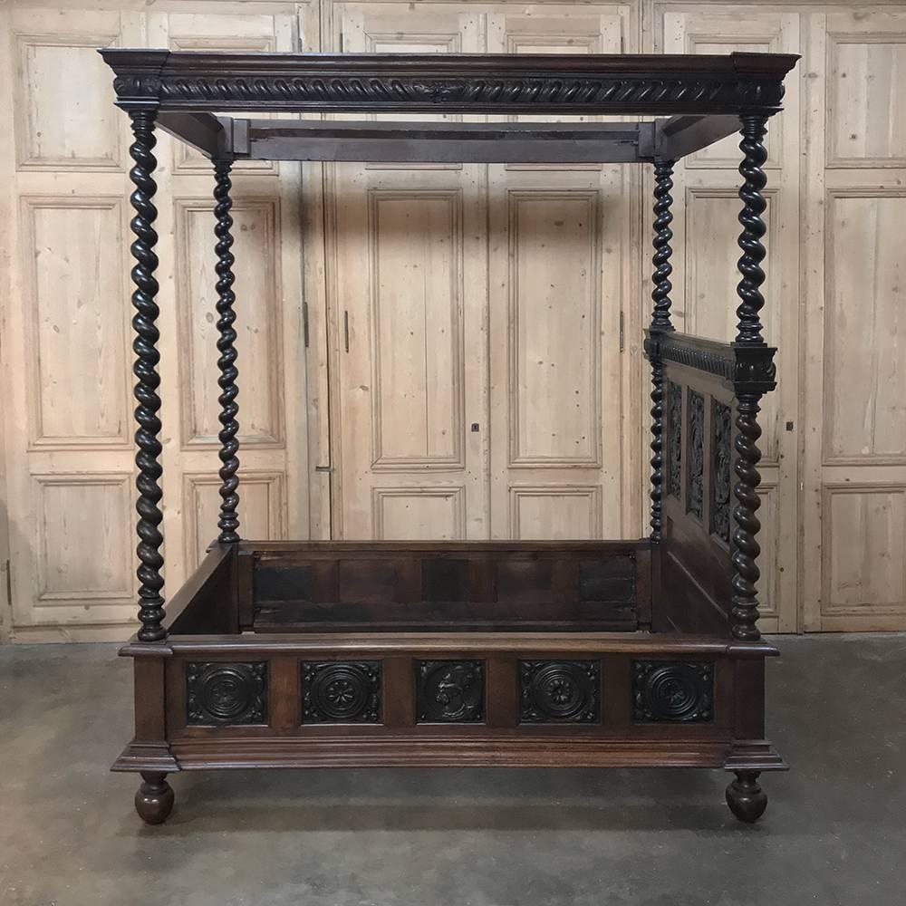 19th Century French Renaissance Four Poster Hand Carved Oak Canopy Bed 2