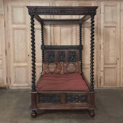 19th Century French Renaissance Four Poster Hand Carved Oak Canopy Bed
