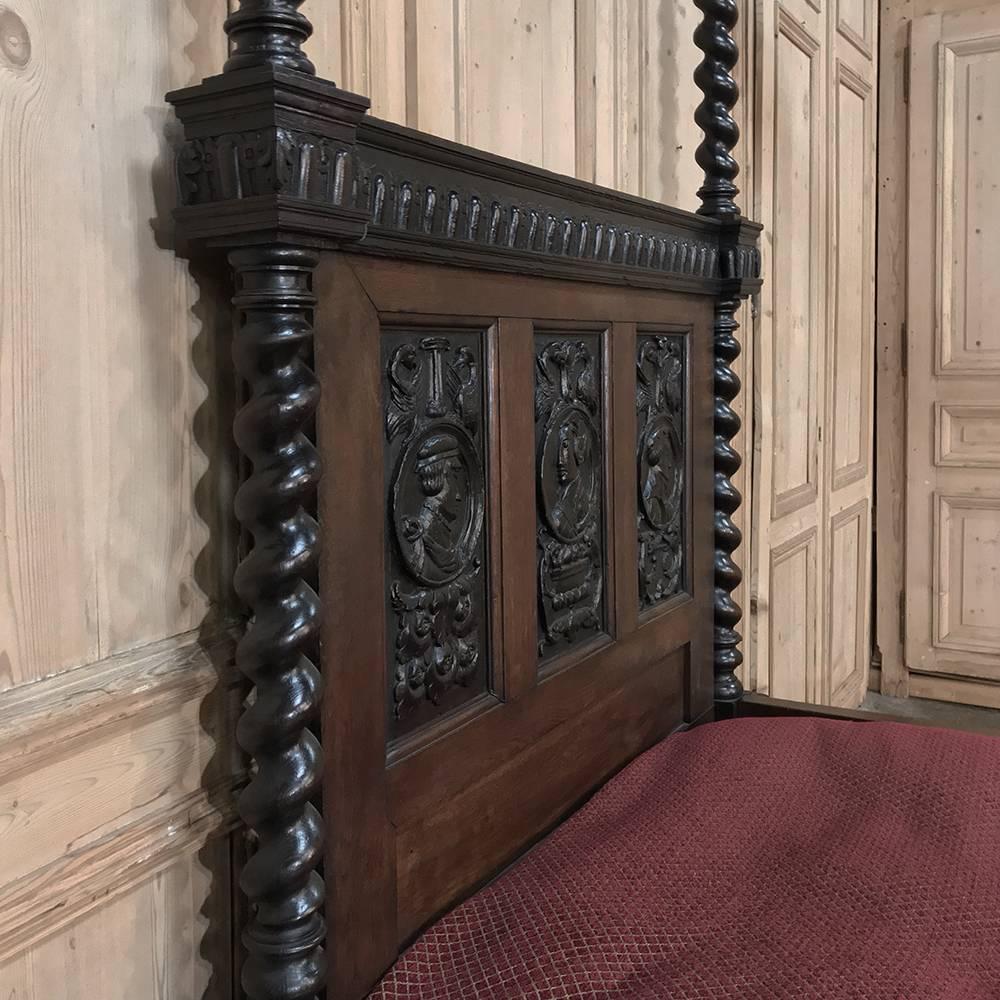 Belgian 19th Century French Renaissance Four Poster Hand Carved Oak Canopy Bed