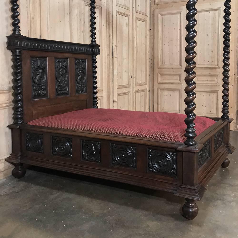 Hand-Carved 19th Century French Renaissance Four Poster Hand Carved Oak Canopy Bed