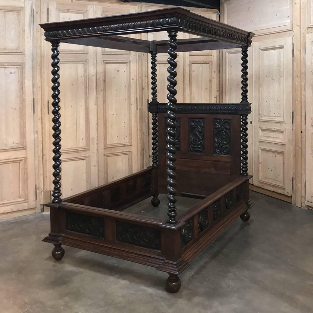 19th Century French Renaissance Four Poster Hand Carved Oak Canopy Bed In Good Condition In Dallas, TX