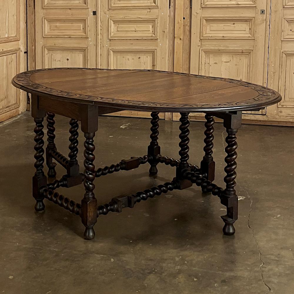 19th Century Renaissance Gate Leg Drop Leaf Barley Twist Table In Good Condition For Sale In Dallas, TX