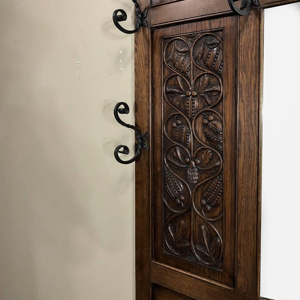 19th Century Renaissance Hand-Carved Oak Hall Tree with Hall Bench 2