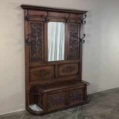 19th Century Renaissance Hand-Carved Oak Hall Tree with Hall Bench