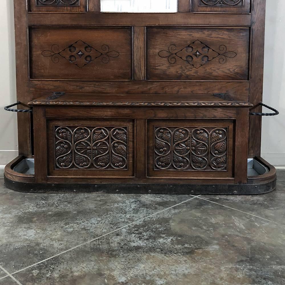 Late 19th Century 19th Century Renaissance Hand-Carved Oak Hall Tree with Hall Bench
