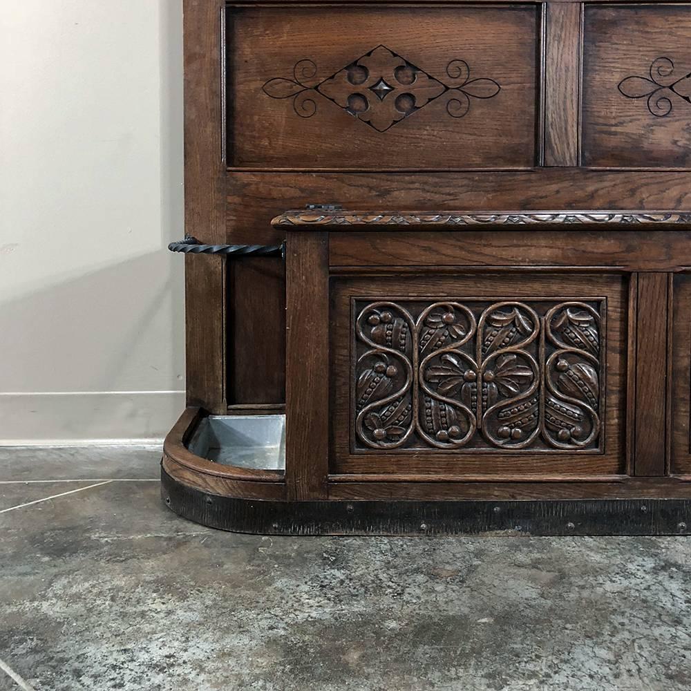 Wrought Iron 19th Century Renaissance Hand-Carved Oak Hall Tree with Hall Bench