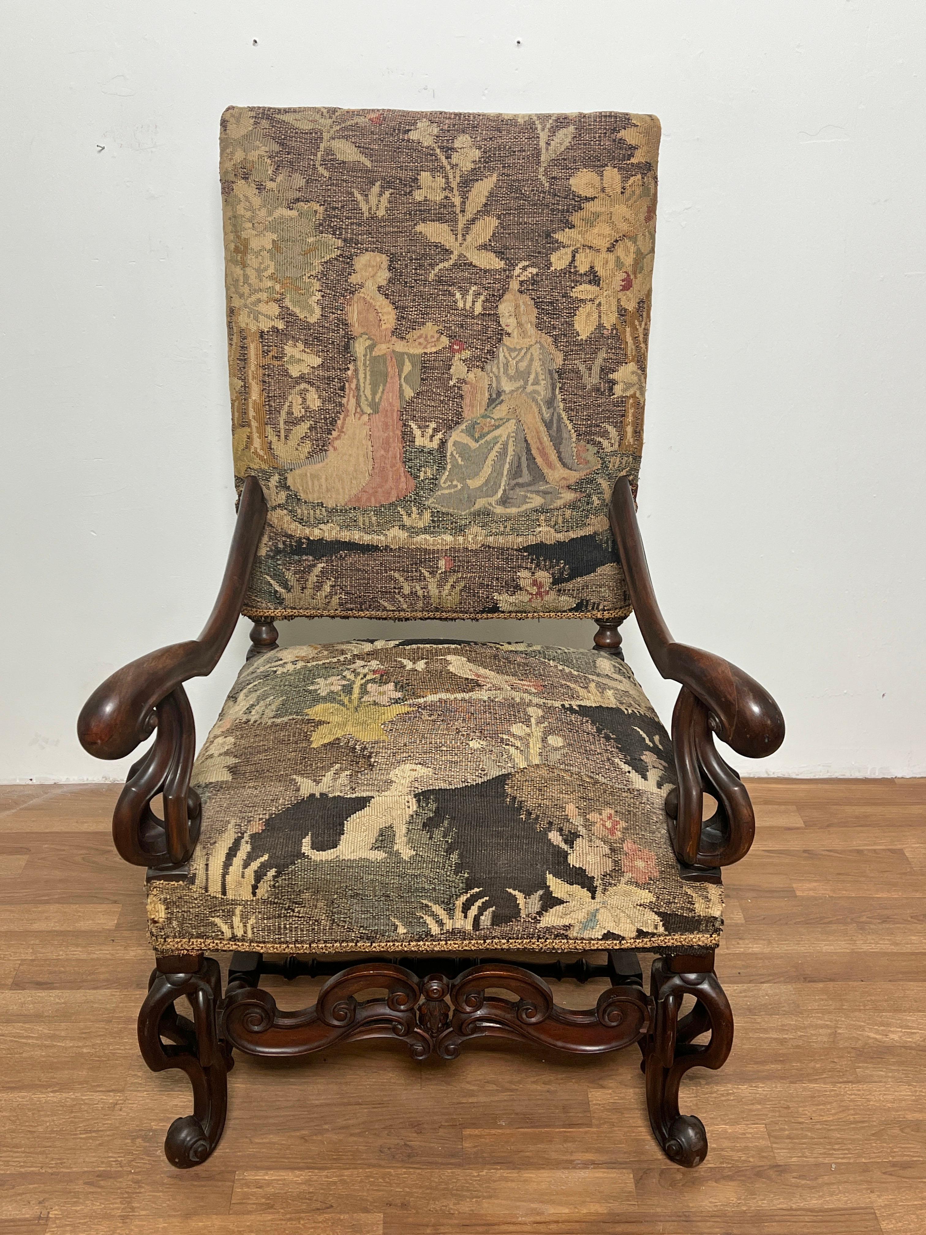 19th Century Renaissance Revival Arm Chair Upholstered in Belgian Tapestry  For Sale 1