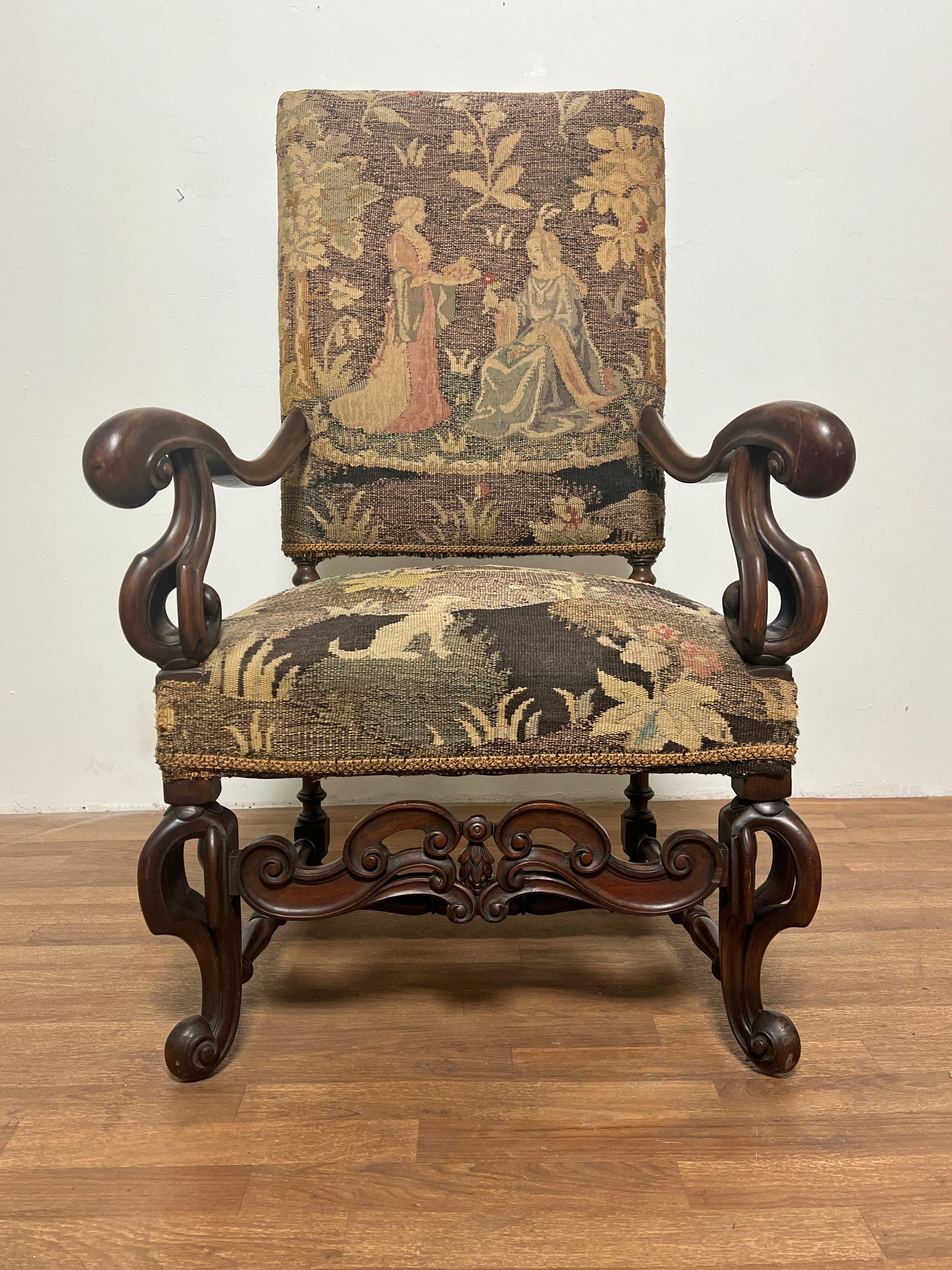 19th Century Renaissance Revival Arm Chair Upholstered in Belgian Tapestry  For Sale 3