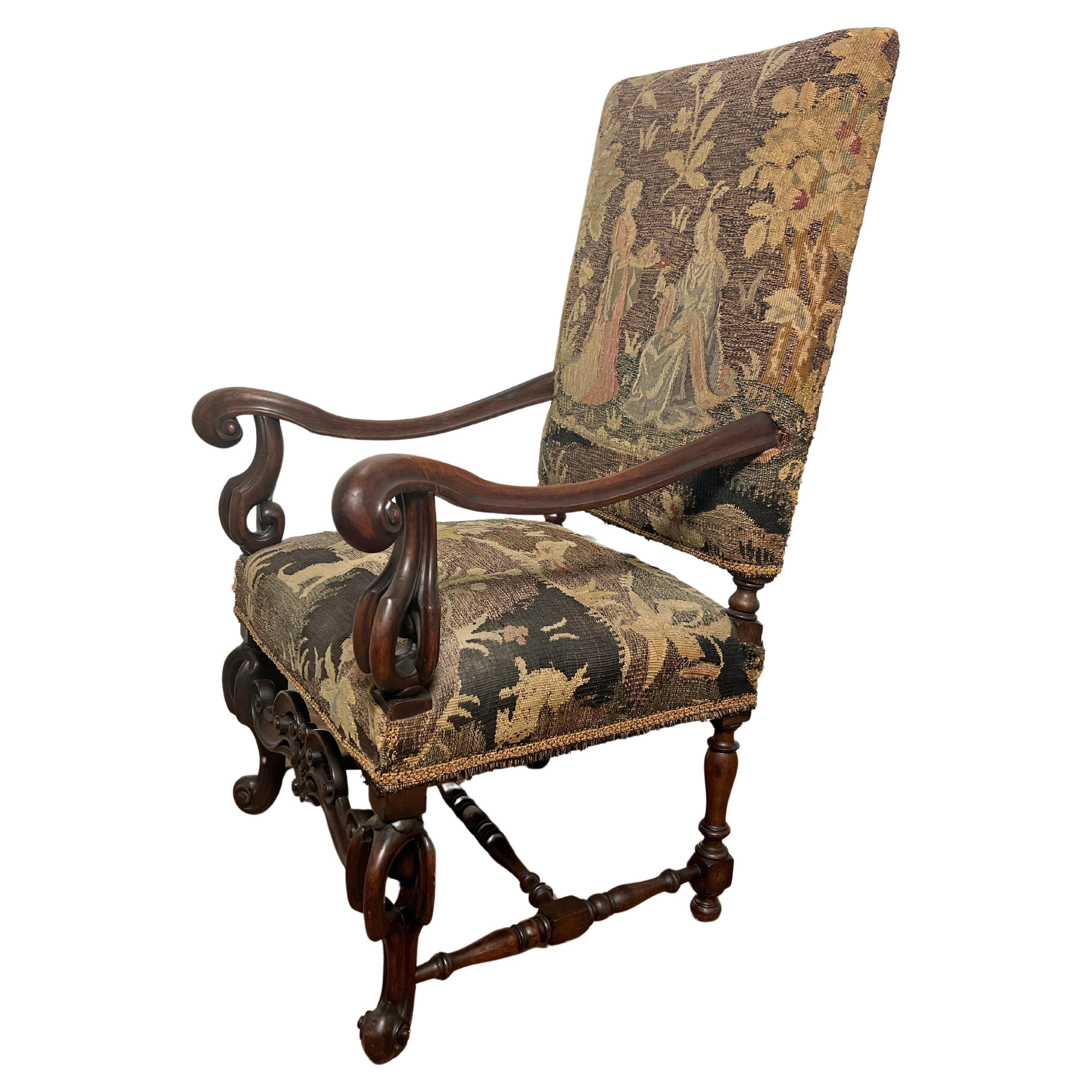 Fauteuil néo-Renaissance du 19ème siècle tapissé de tapisserie belge 