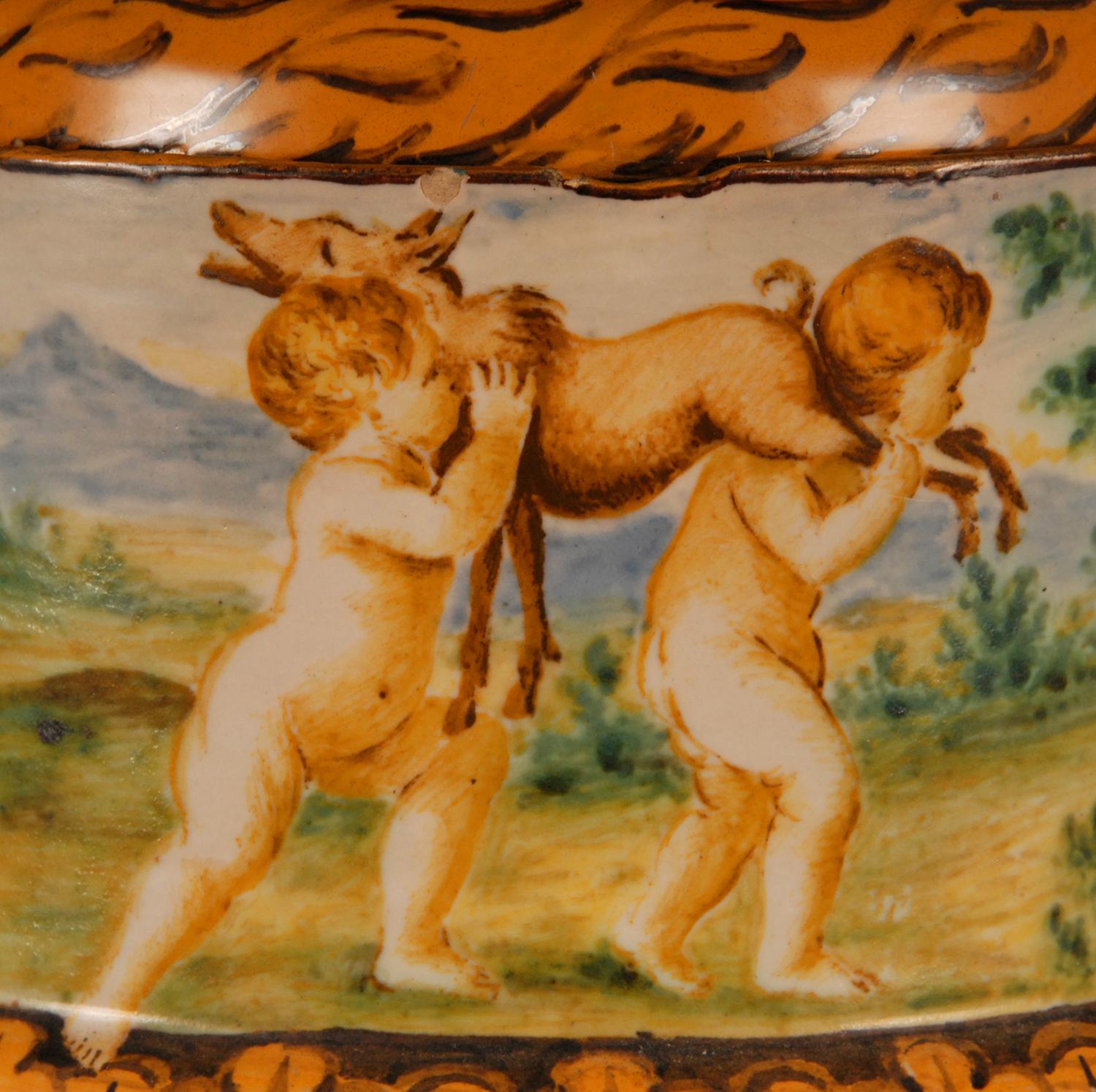 Majolica Renaissance Vase Serpentine Handles Bacchus Italy 19th Century Revival  For Sale 4