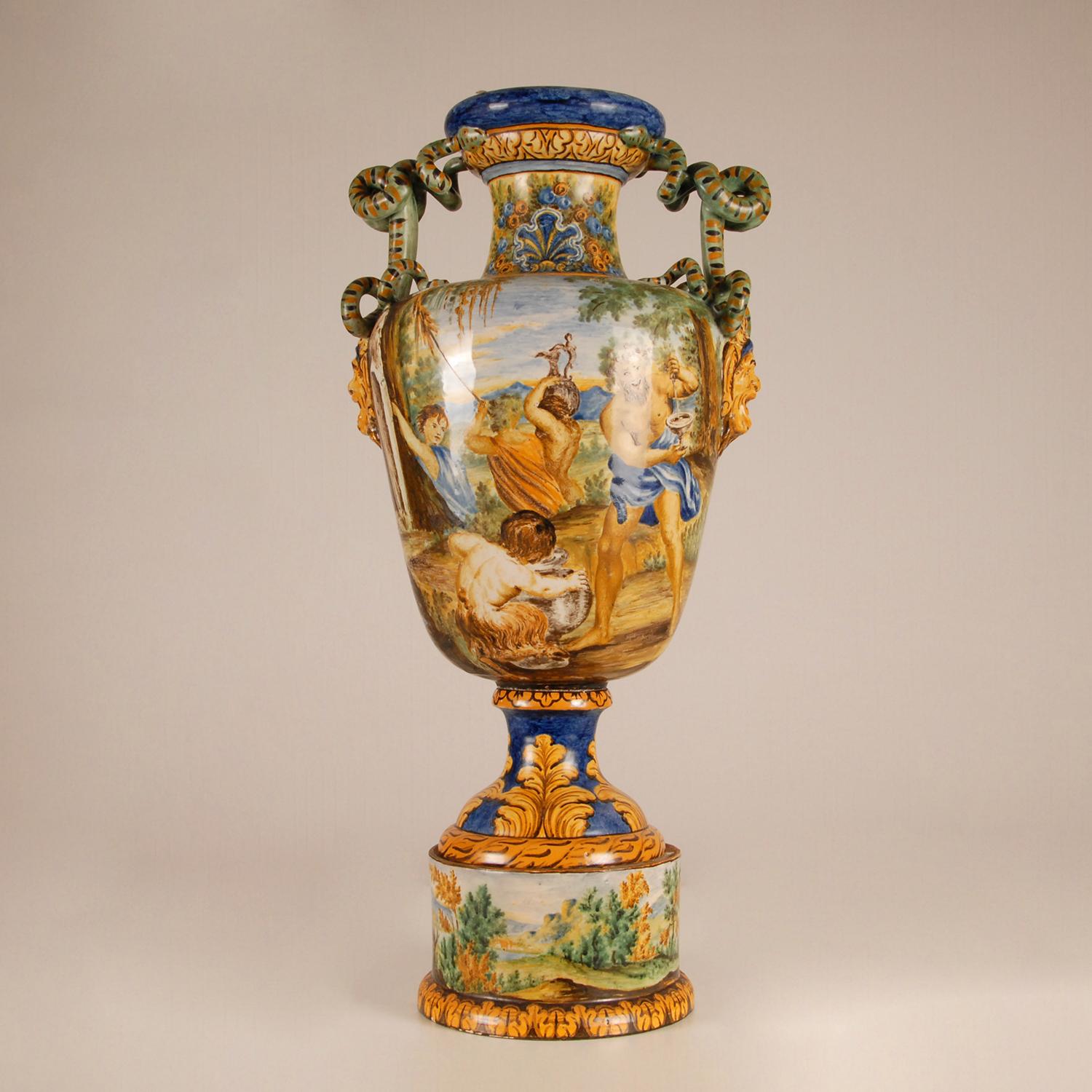 Italian Majolica Renaissance Vase Serpentine Handles Bacchus Italy 19th Century Revival  For Sale