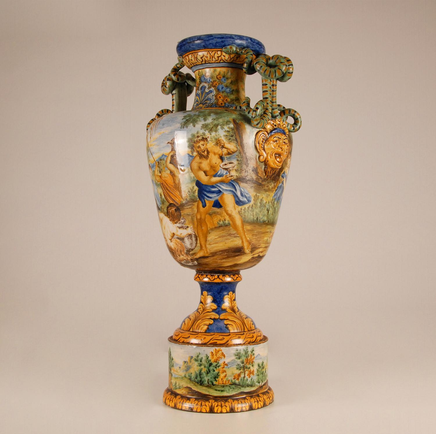 Hand-Painted Majolica Renaissance Vase Serpentine Handles Bacchus Italy 19th Century Revival  For Sale