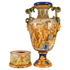 Majolica Renaissance Vase Serpentine Handles Bacchus Italy 19th Century Revival 