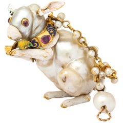 Antique 19th Century Renaissance Revival Natural Pearl Gold Rabbit Pendant