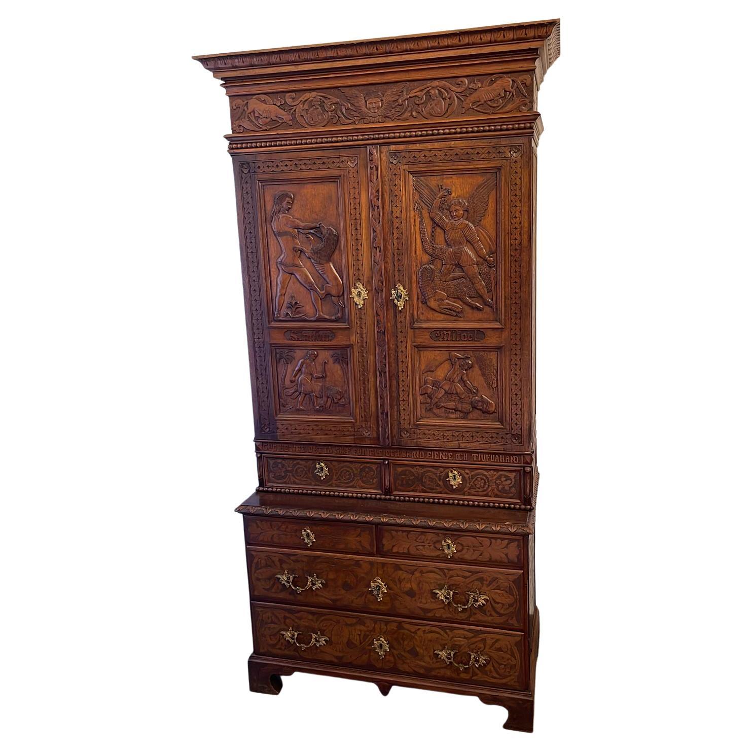 19th Century Renaissance Revival Oak Hand Carved Cabinet Bookcase For Sale