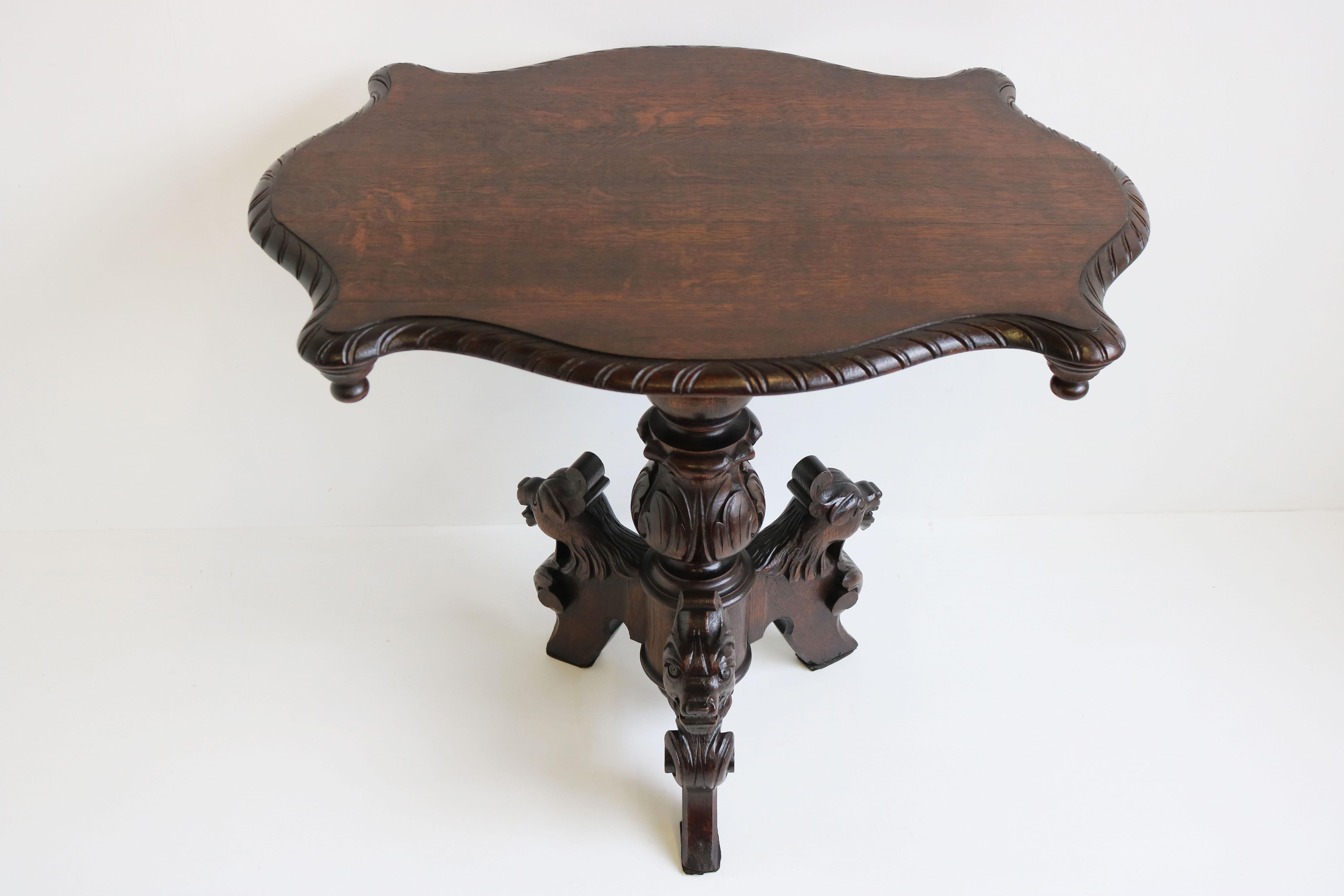 French 19th Century Renaissance Revival Side Table / Coffee Table Antique Oak Lions For Sale