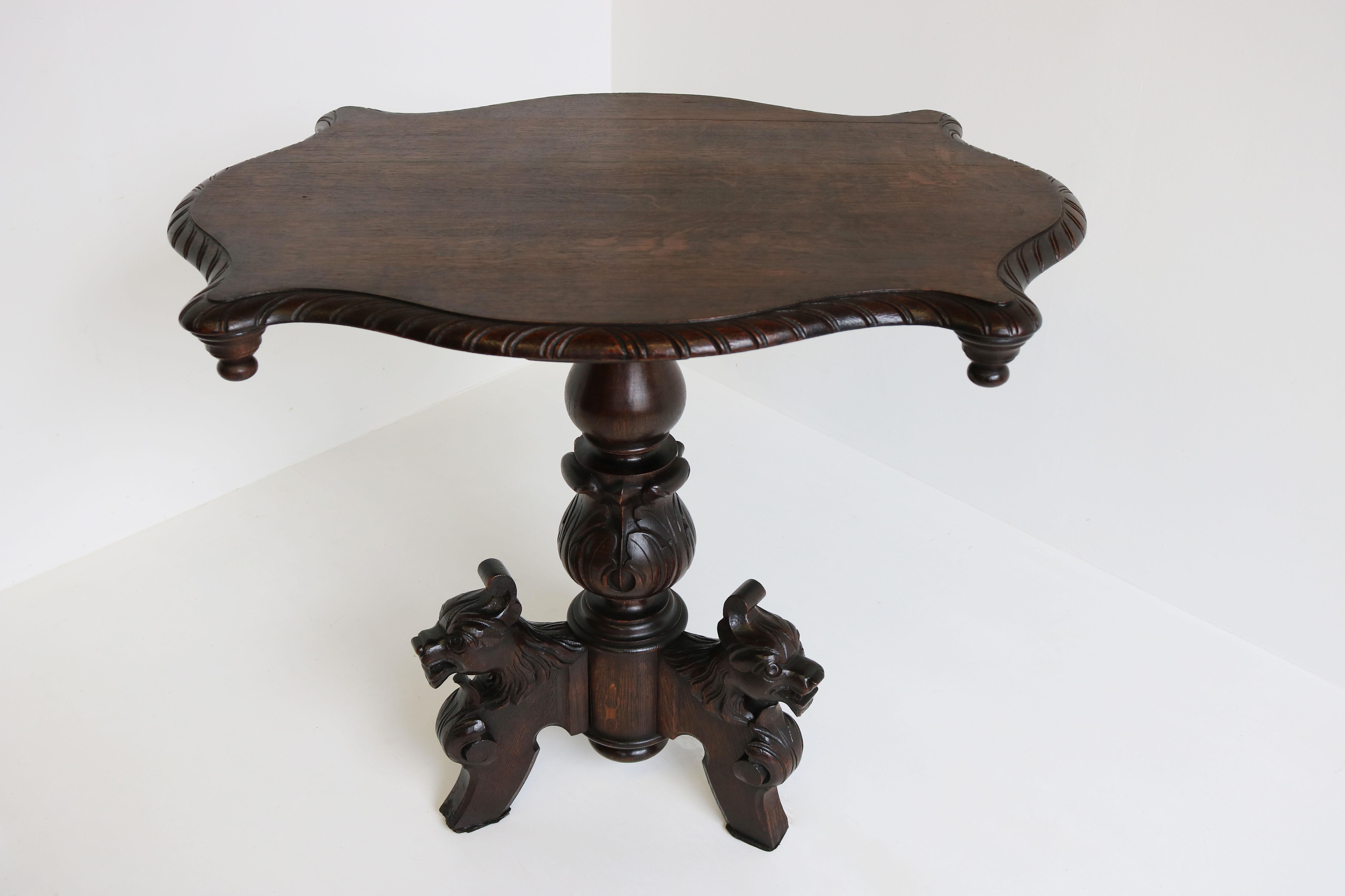 Carved 19th Century Renaissance Revival Side Table / Coffee Table Antique Oak Lions For Sale