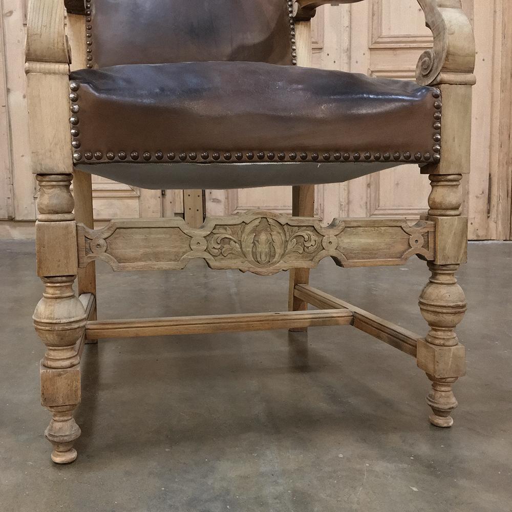 Leather 19th Century Renaissance Revival Stripped Oak Armchair For Sale