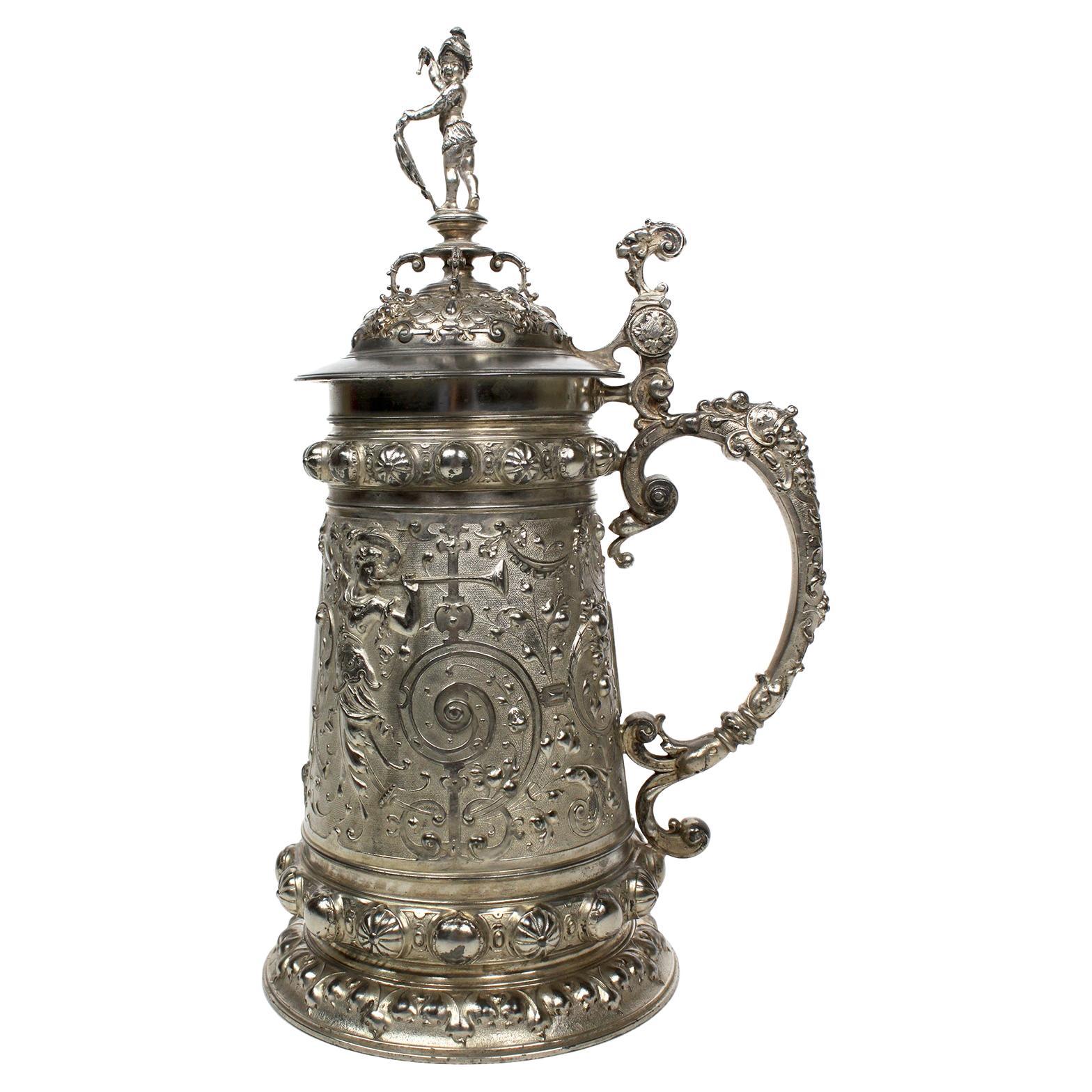 19th Century Renaissance Revival Style Britannia Silver Plated WMF Beer-Tankard For Sale