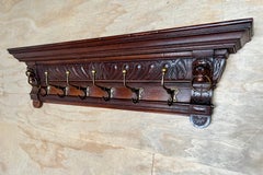 19th Century Renaissance Revival Wall Coat Rack w Lion Sculptures & Bronze Hooks