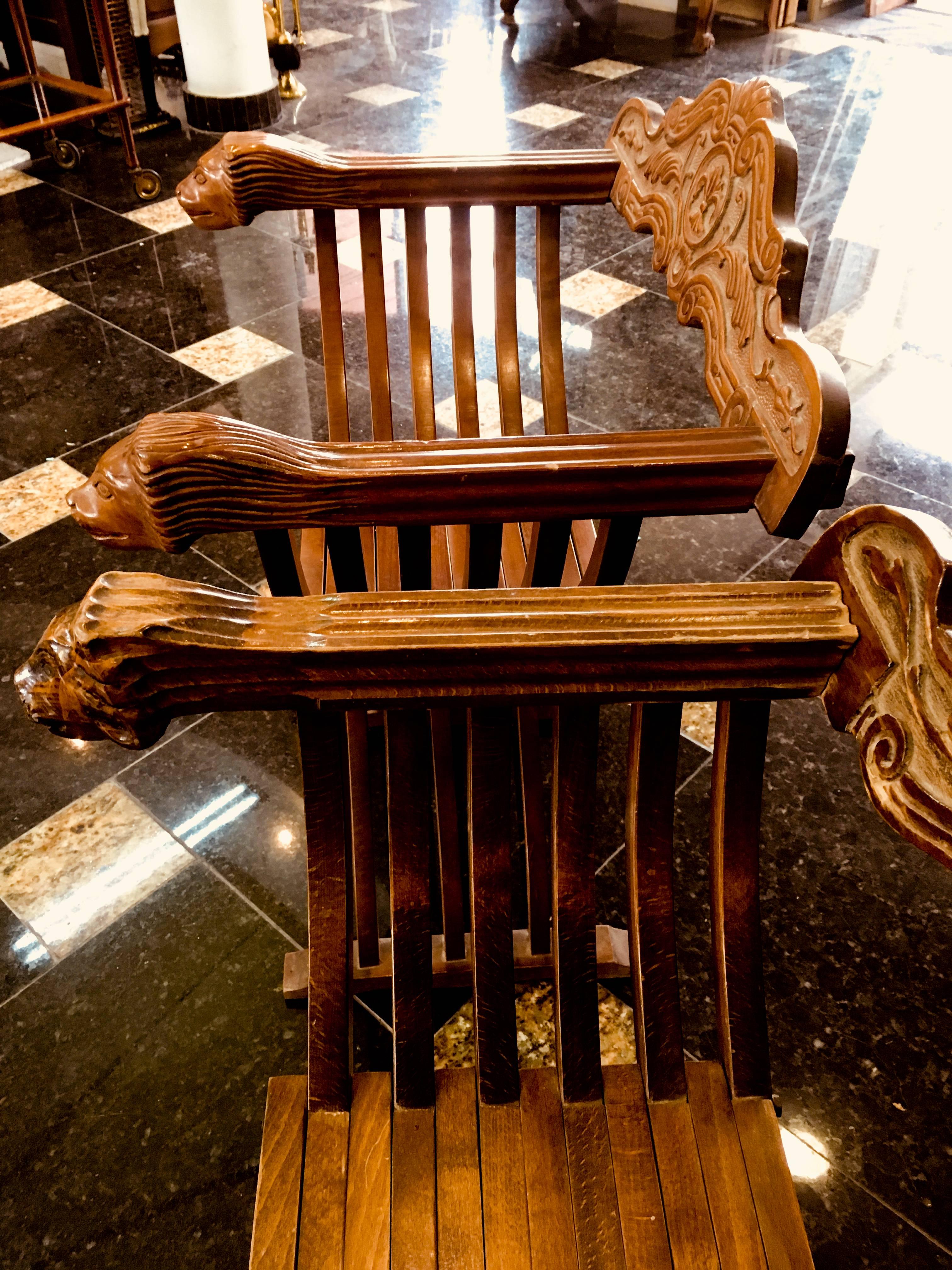 Renaissance Revival 19th Century Renaissance Savonarola Folder Chairs in Carved Walnut