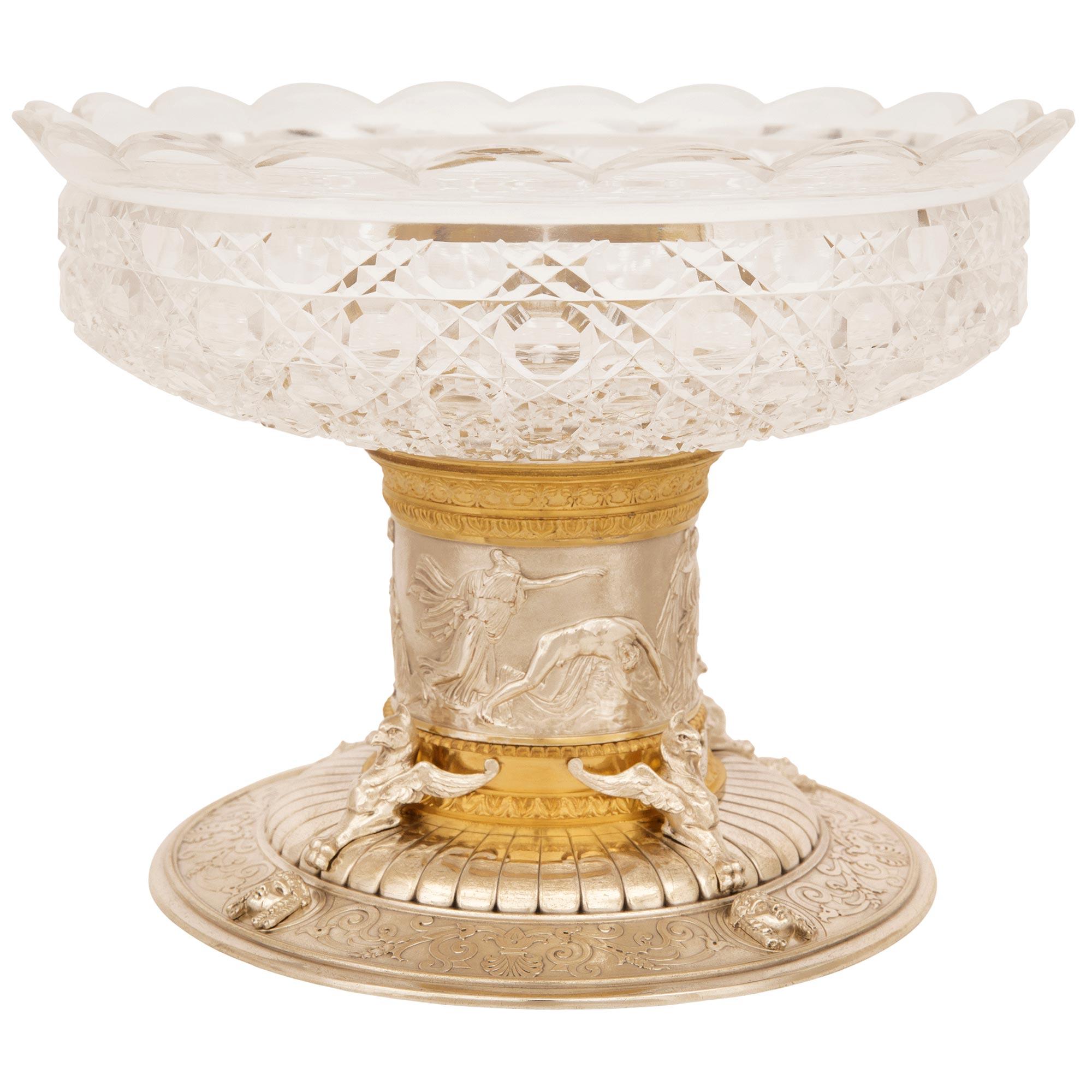 French 19th century Renaissance st. Silvered Bronze, Ormolu and Crystal centerpiece For Sale