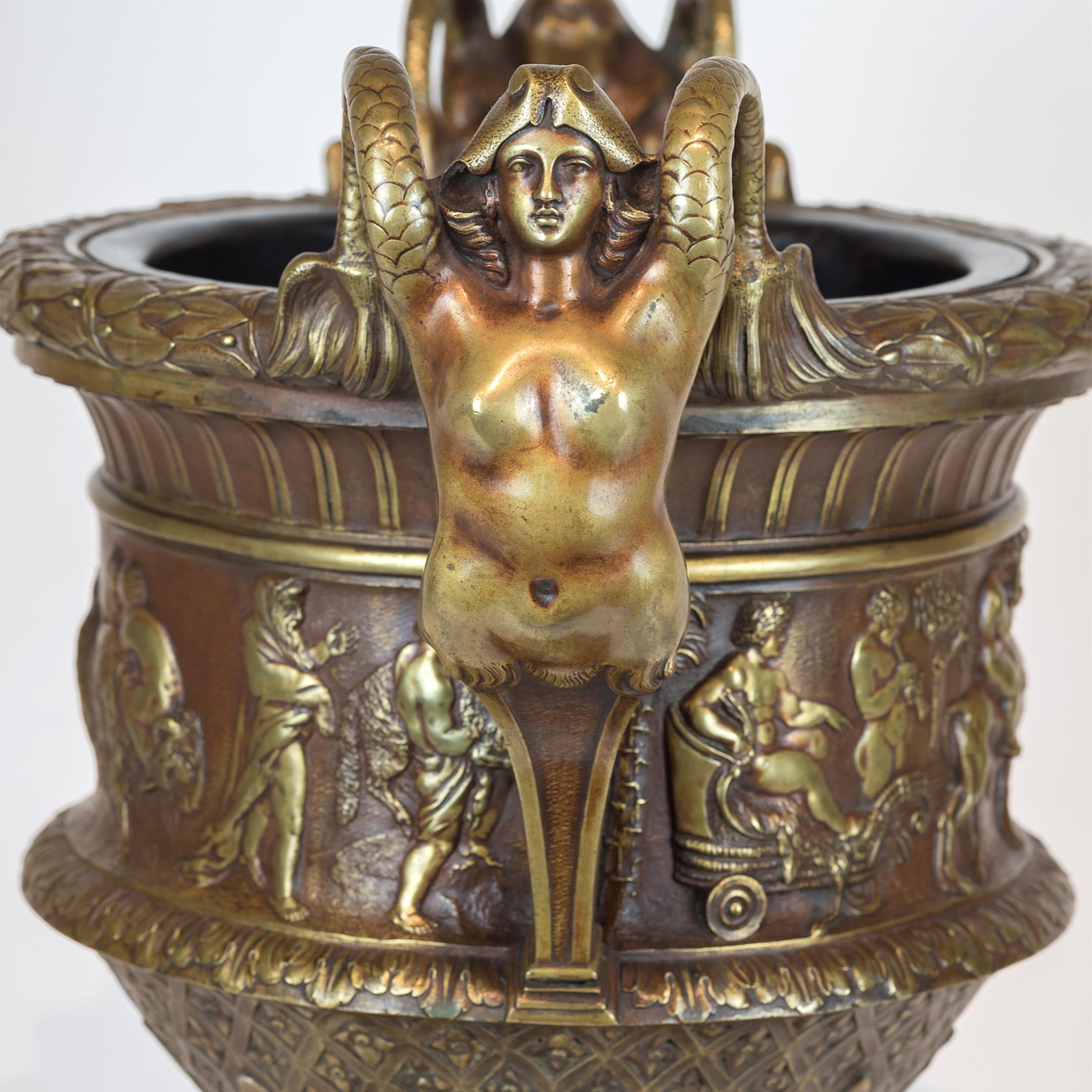 Patinated Renaissance Style Bronze Centrepiece Vase with Mermaid Handles For Sale