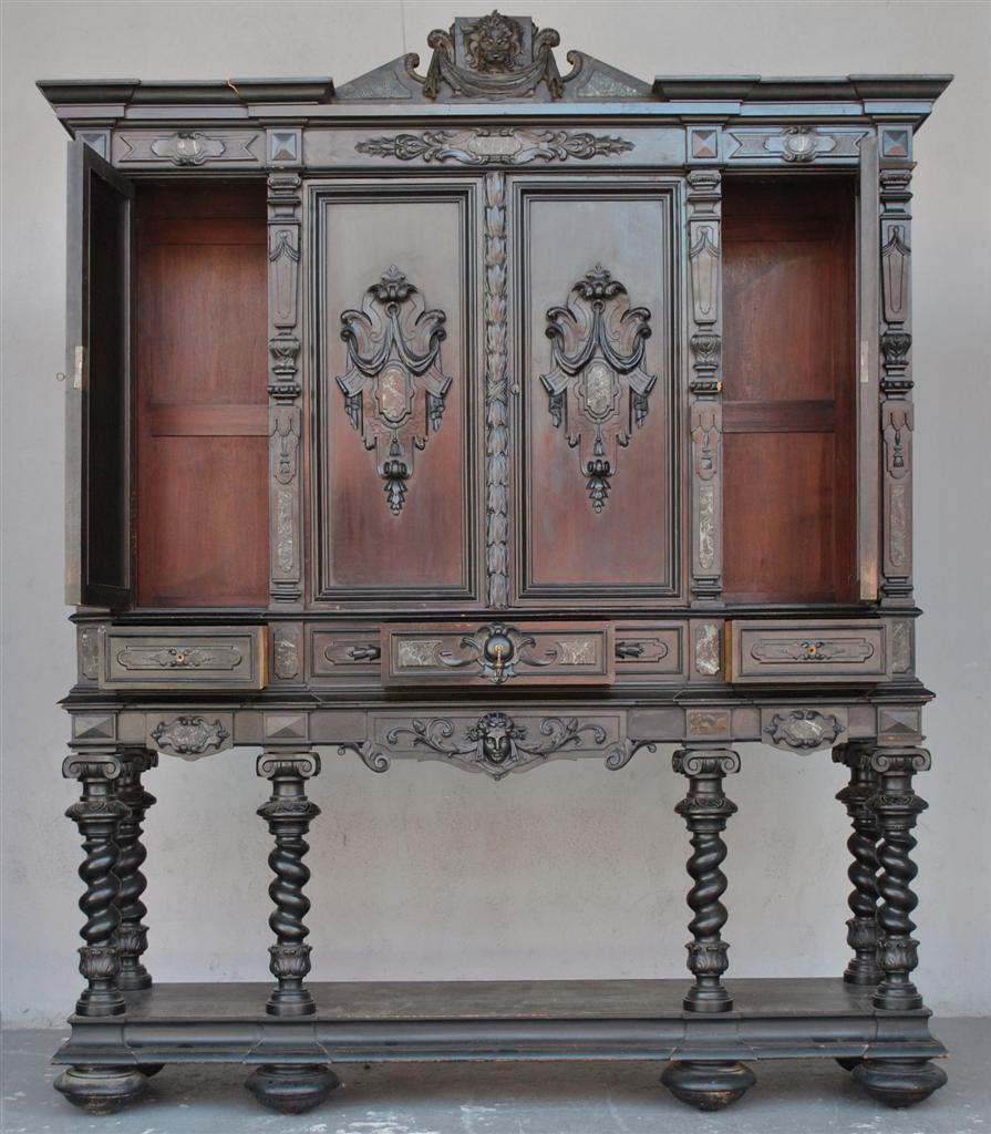 French 19th Century Renaissance Style Important Blackened Wooden Cabinet For Sale