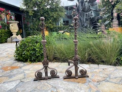 19th Century Hand Forged Iron Andirons in French Renaissance Style
