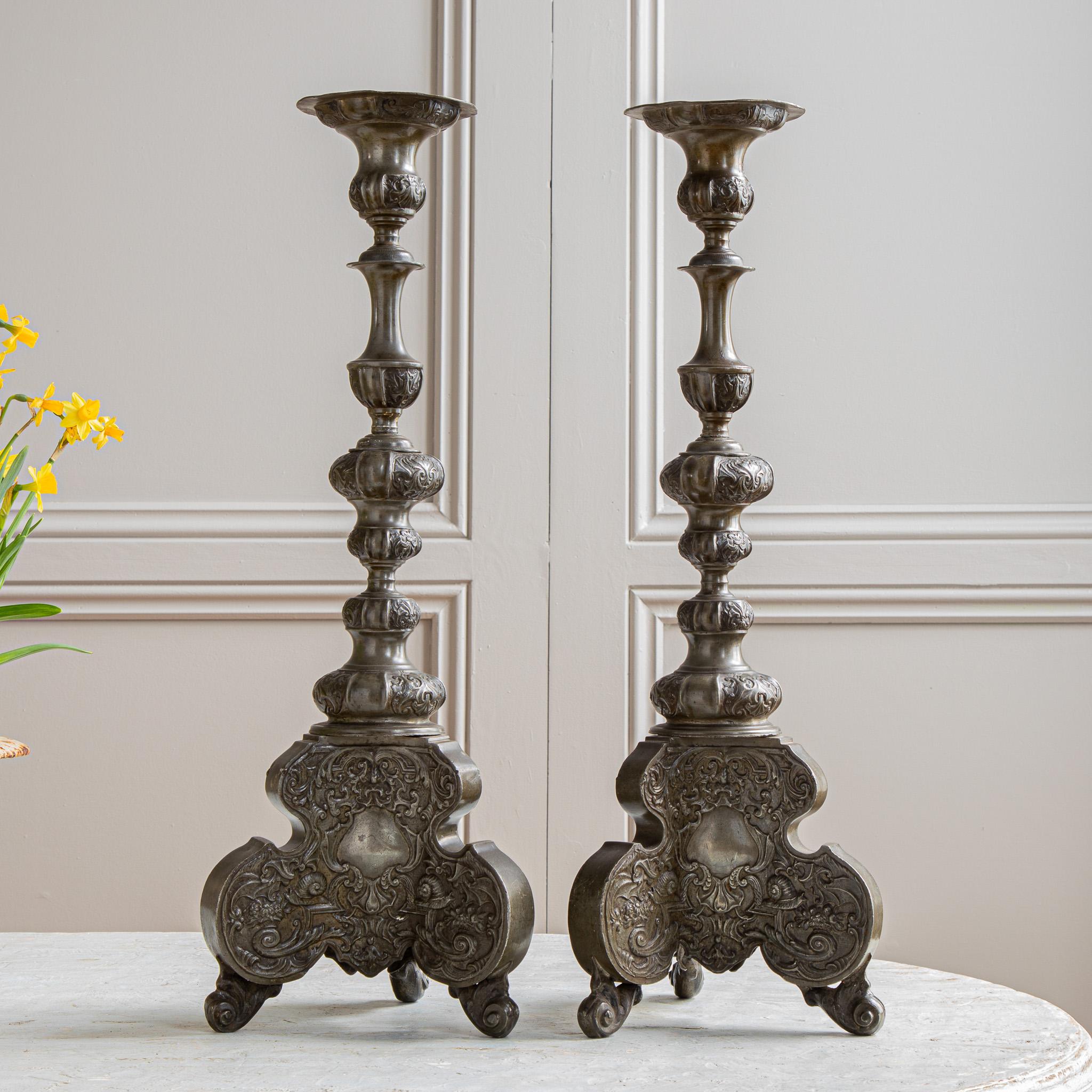 British 19th Century Renaissance Style Pewter Candle Holders From Towie Barclay Castle For Sale