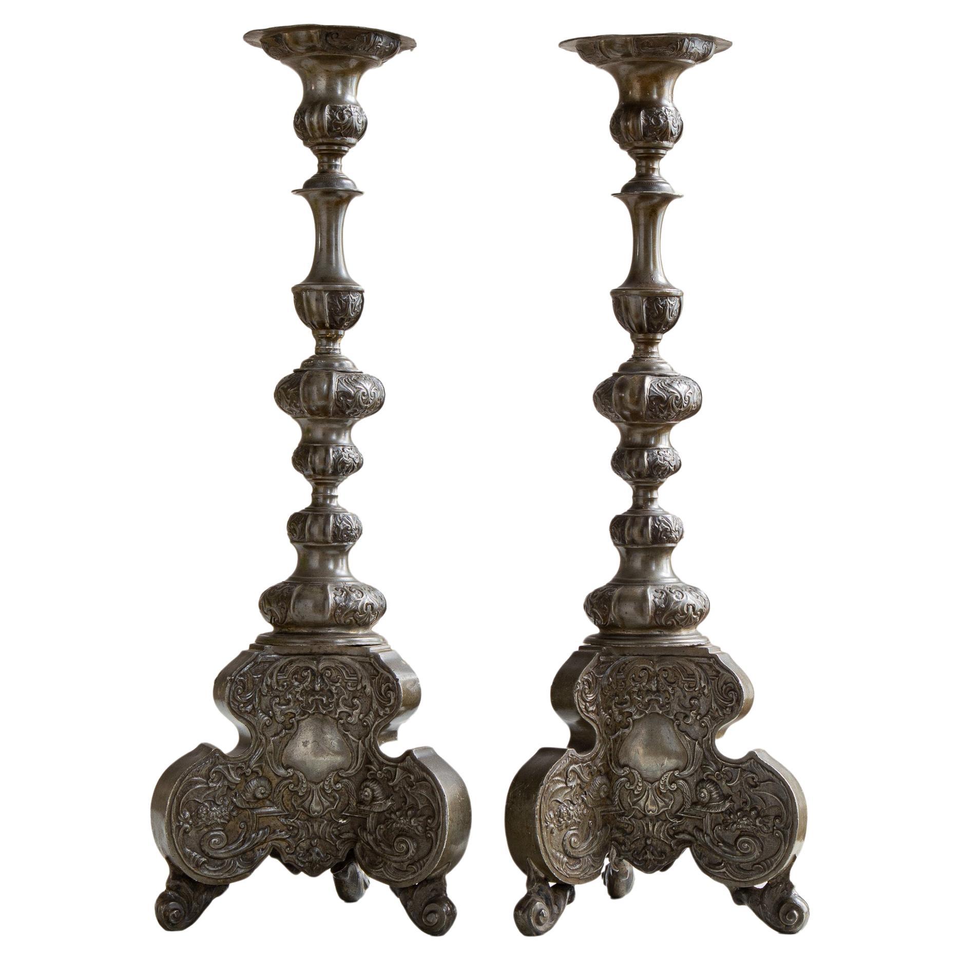 19th Century Renaissance Style Pewter Candle Holders From Towie Barclay Castle For Sale