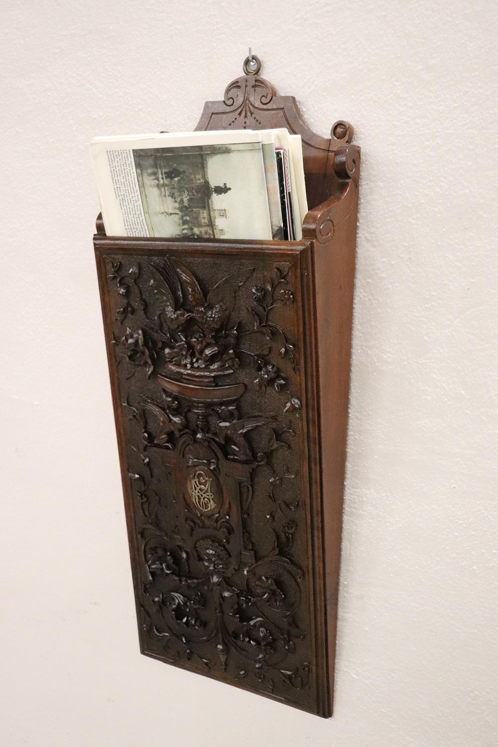 19th Century Renaissance Style Wall Magazine Rack in Hand Carved Walnut For Sale 5