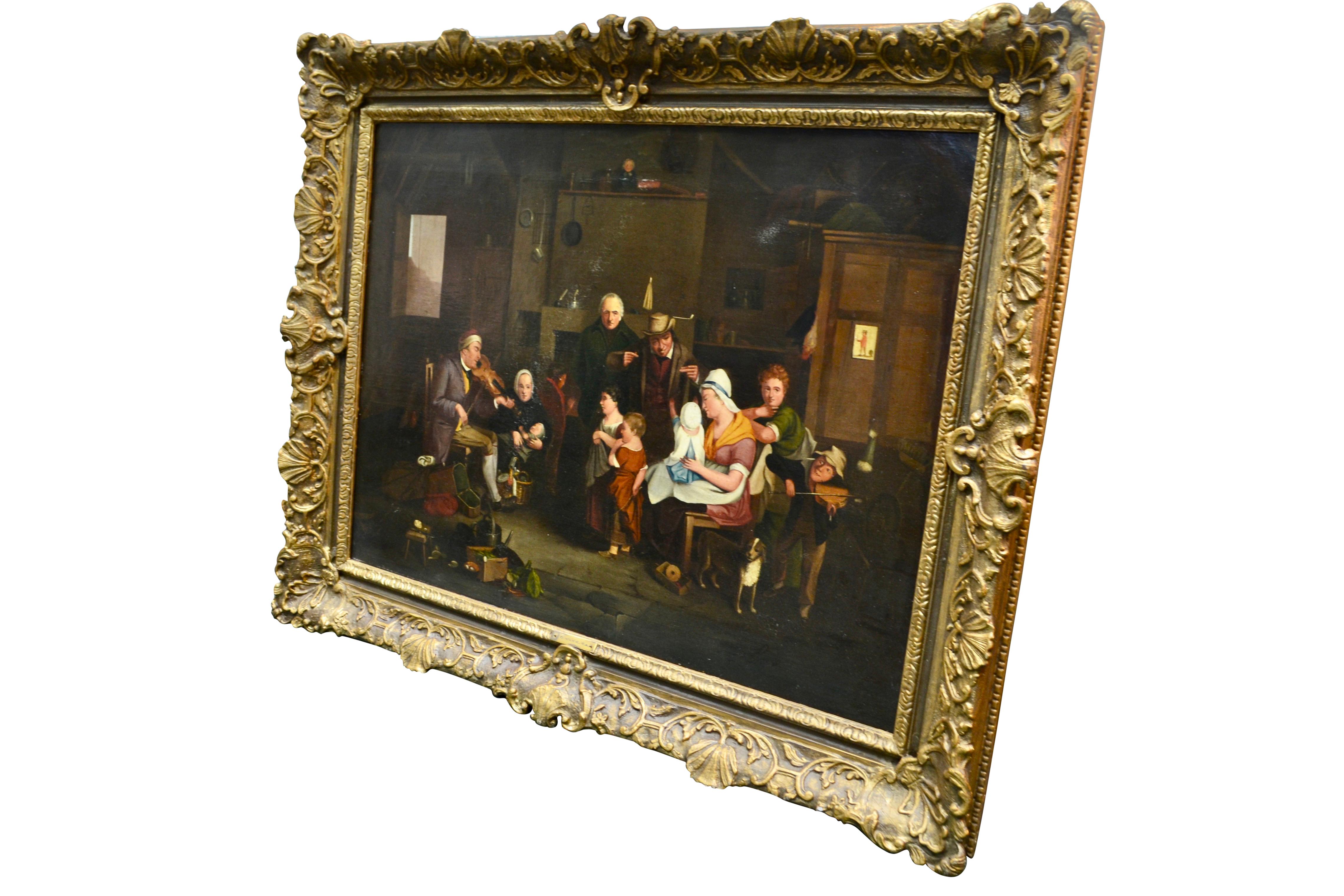 Cette peinture est extrêmement fidèle à l'œuvre originale de l'artiste écossais Sir David Wilkie (1785-1841), aujourd'hui exposée à la Tate Gallery de Londres. Le tableau représente un vieux violoniste aveugle jouant pour une famille nombreuse, dont