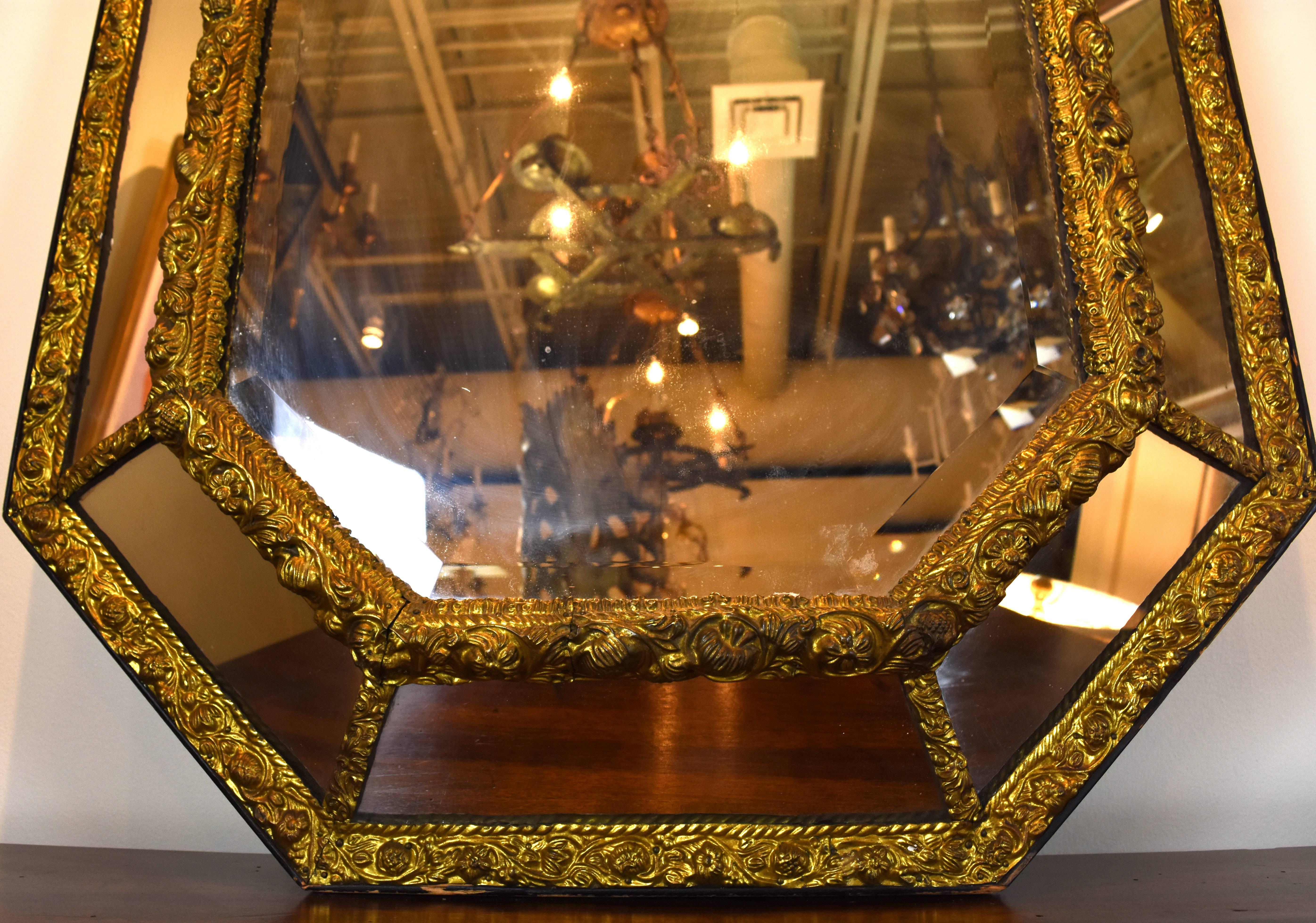 Brass 19th Century Repousse Louis XIV Style Mirror