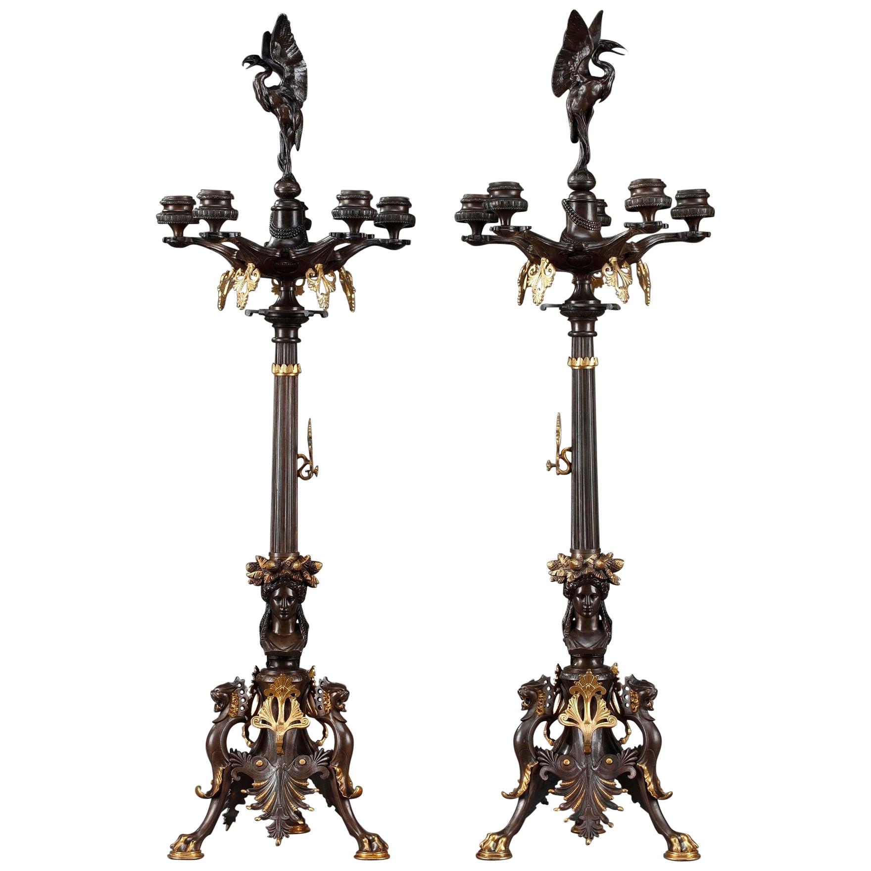 19th Century Restauration Large Bronze Candelabra in the Néo-Greek Style For Sale