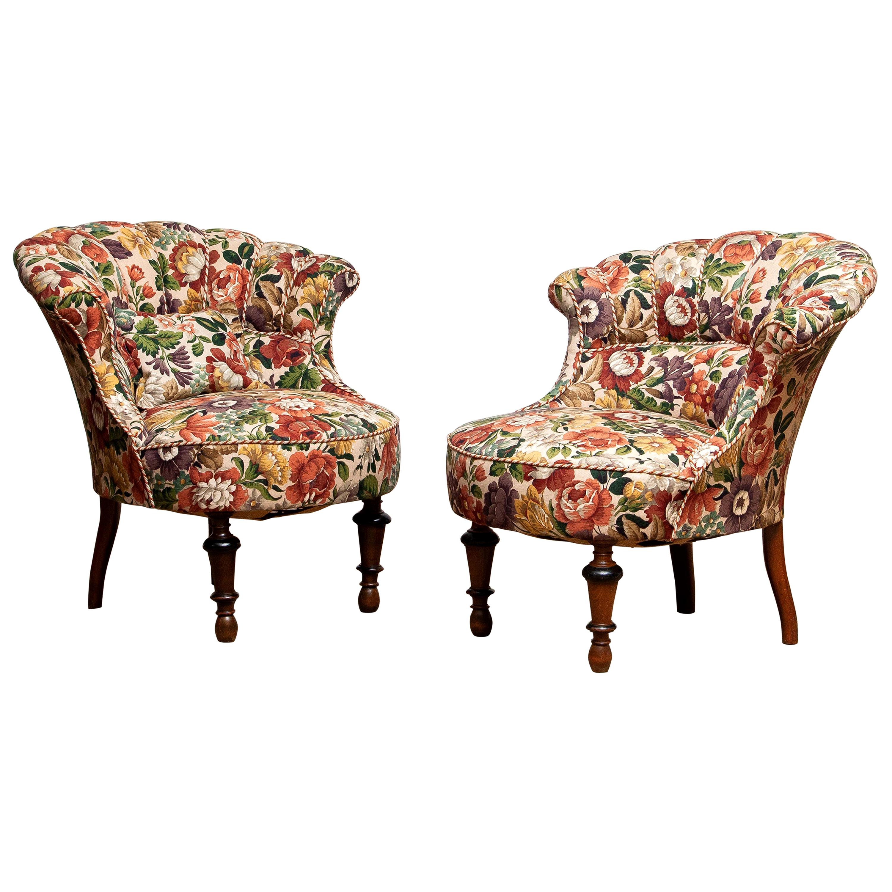 19th Century "Restored" Pair of French Floral Napoleon III Emma / Slipper Chairs