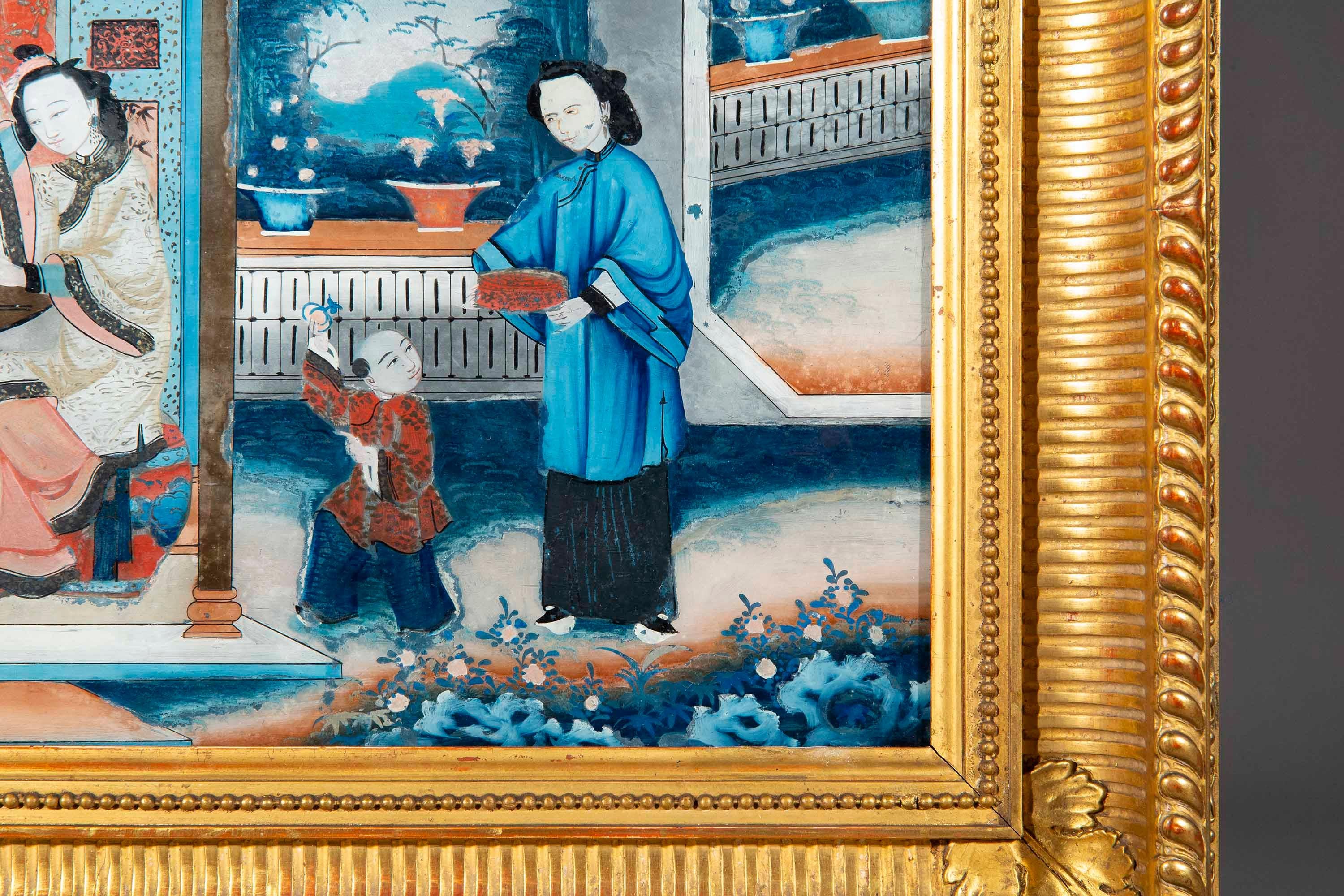 Hinterglasgemälde aus dem 19. Jahrhundert in einem Rahmen aus Giltwood (Chinesisch) im Angebot