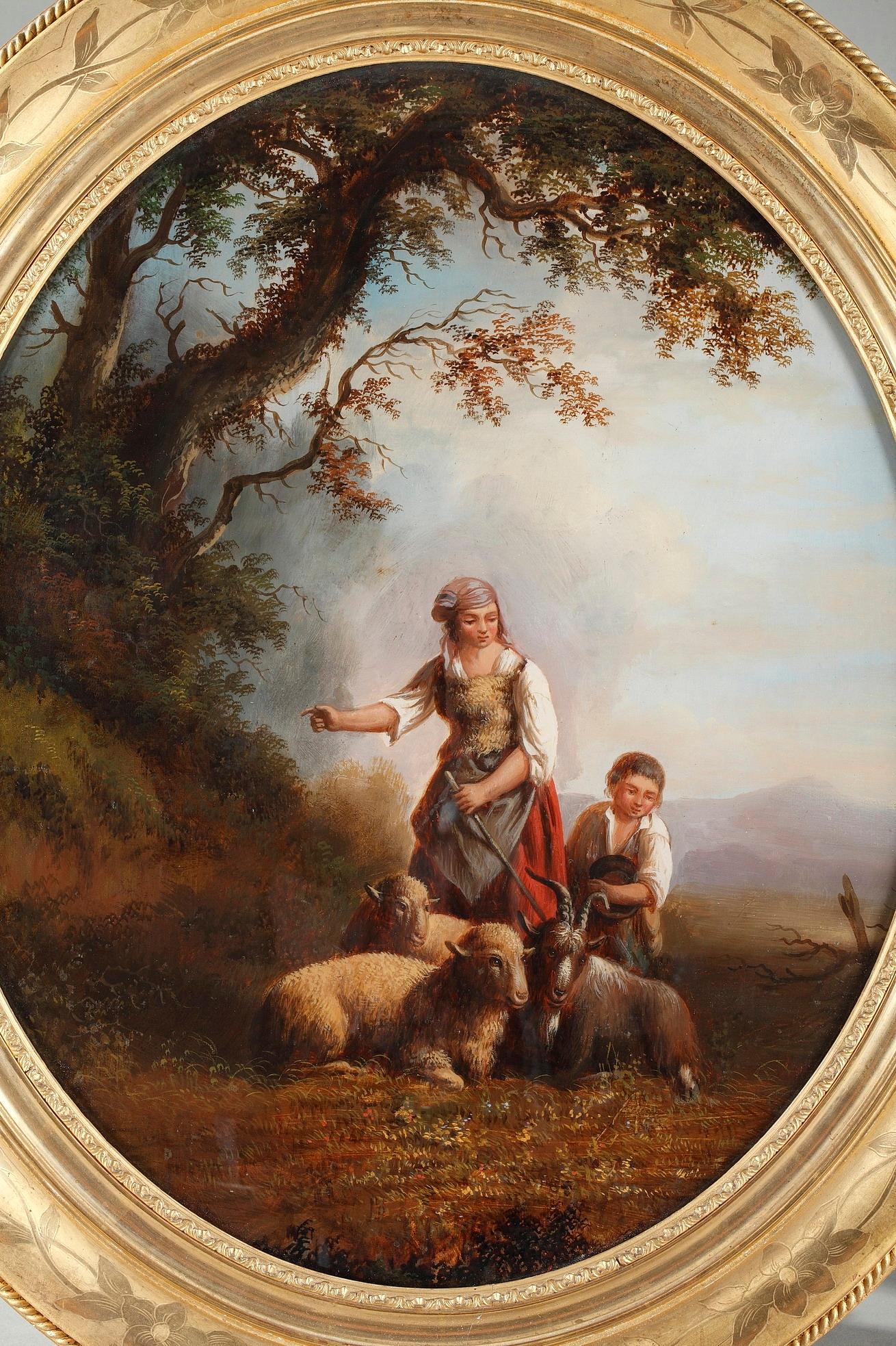 Antique oval reverse glass painting featuring a shepherd and a shepherdess with their sheep, in a landscape. The details are extremely precise. Original giltwood frame decorated with floral motives. Signed Xerey.

High without frame: