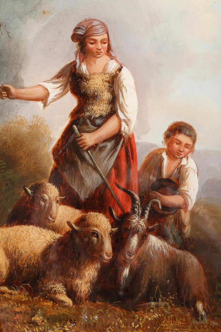 19th Century Reverse Glass Painting With Shepherds Signed Xerey At 1stDibs