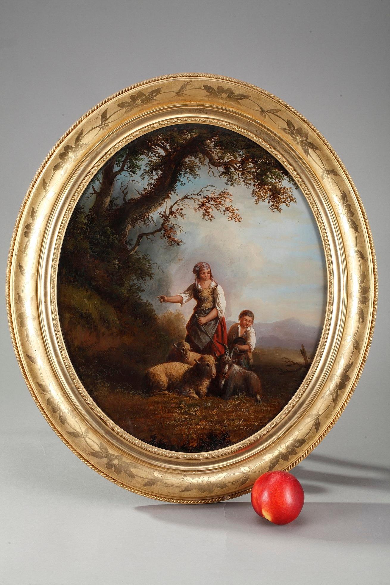 19th Century Reverse Glass Painting with Shepherds Signed Xerey In Good Condition In Paris, FR