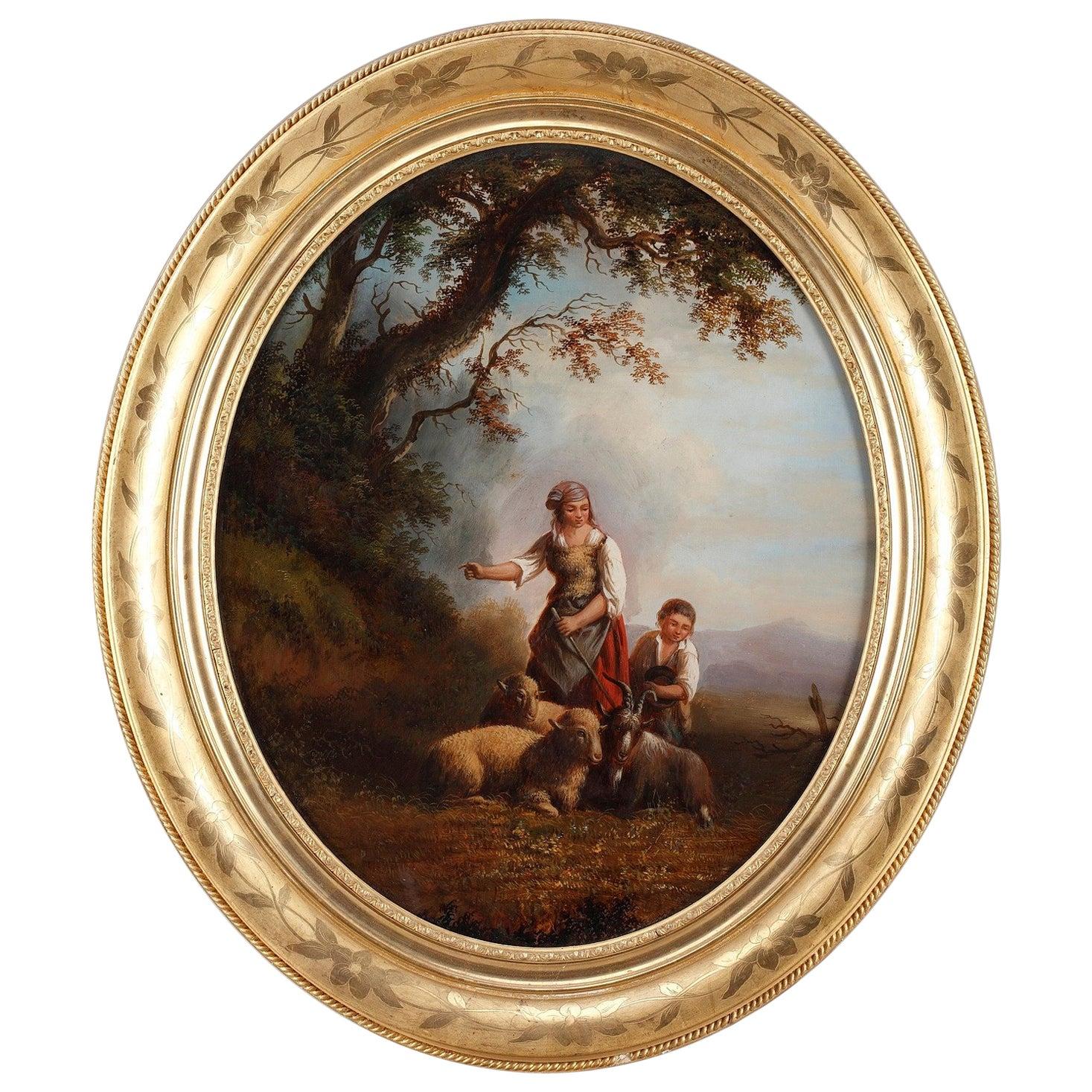 19th Century Reverse Glass Painting with Shepherds Signed Xerey
