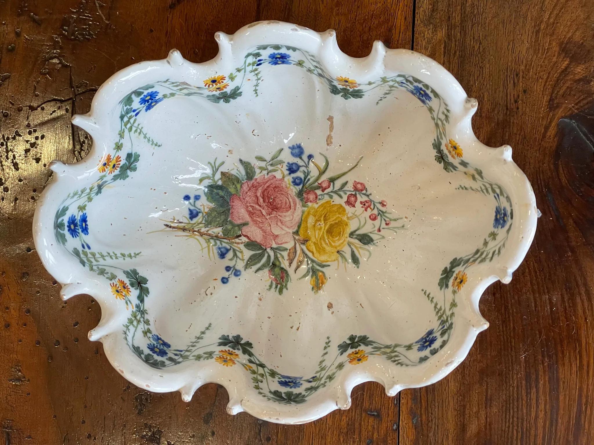 19th Century Ribbed Floral Delft Footed Tin-Glaze Bowl 1