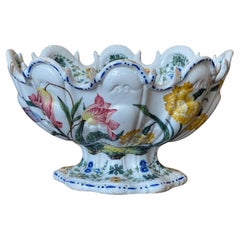 19th Century Ribbed Floral Delft Footed Tin-Glaze Bowl