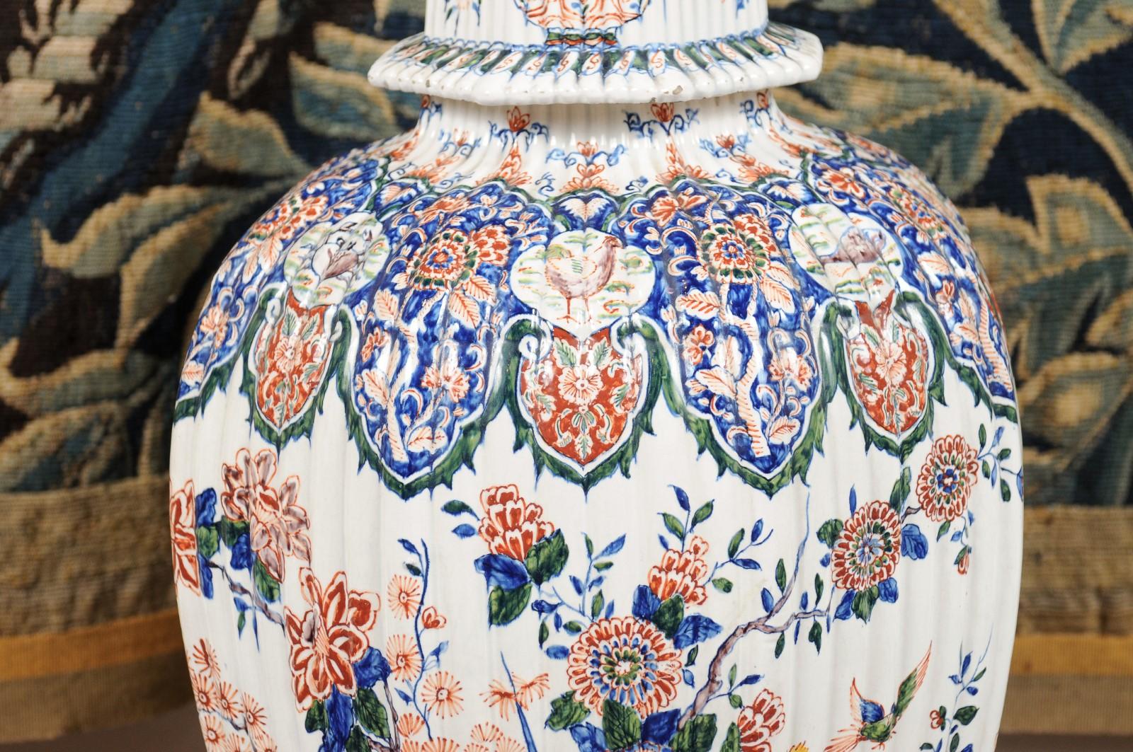 19th Century Ribbed Polychrome Delft Urn with Lid Featuring Lion Finial For Sale 2