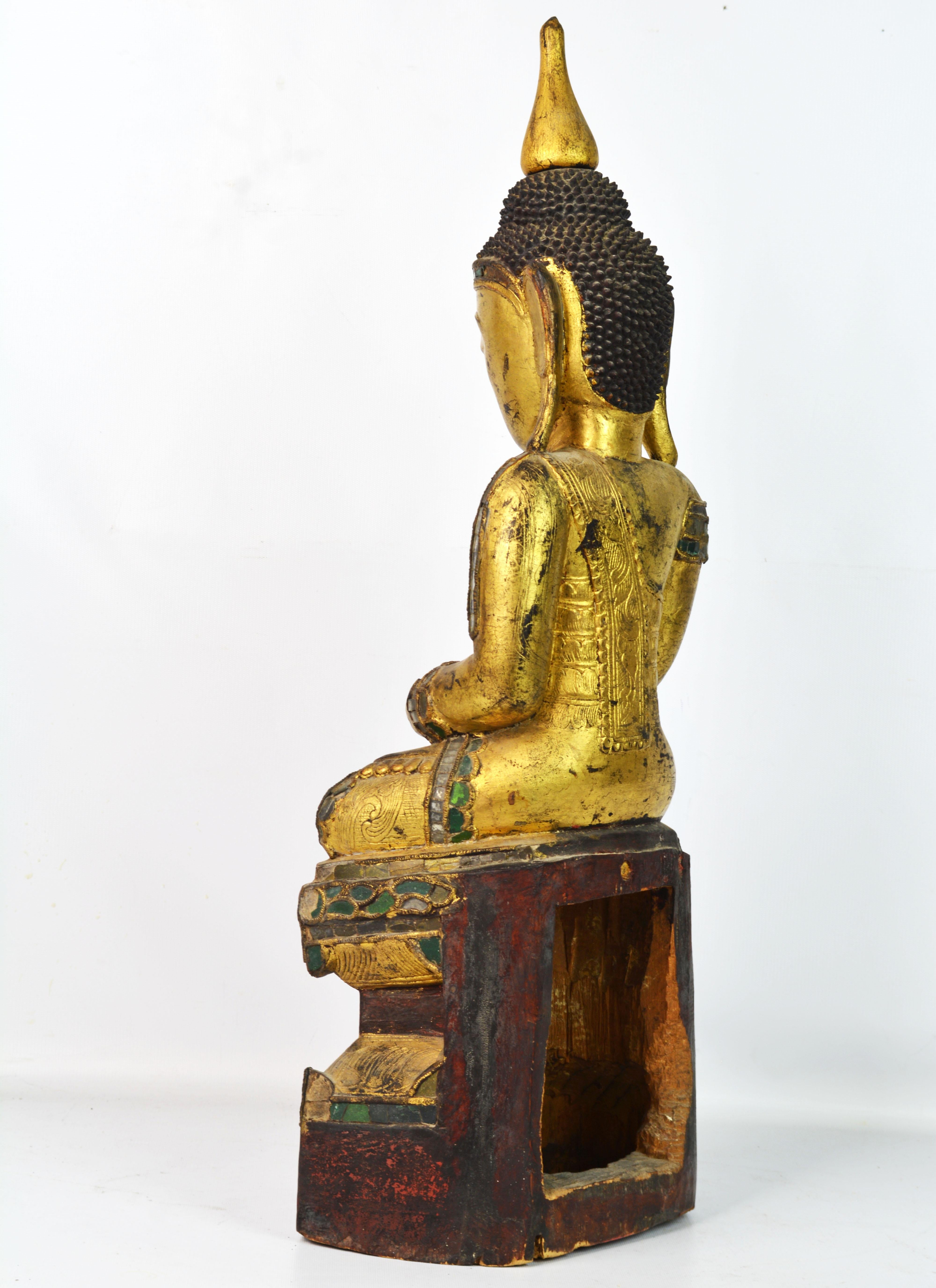 19th Century Richly Glass Inlaid Carved Burmese Shan Buddha Seated on a Throne In Good Condition In Ft. Lauderdale, FL