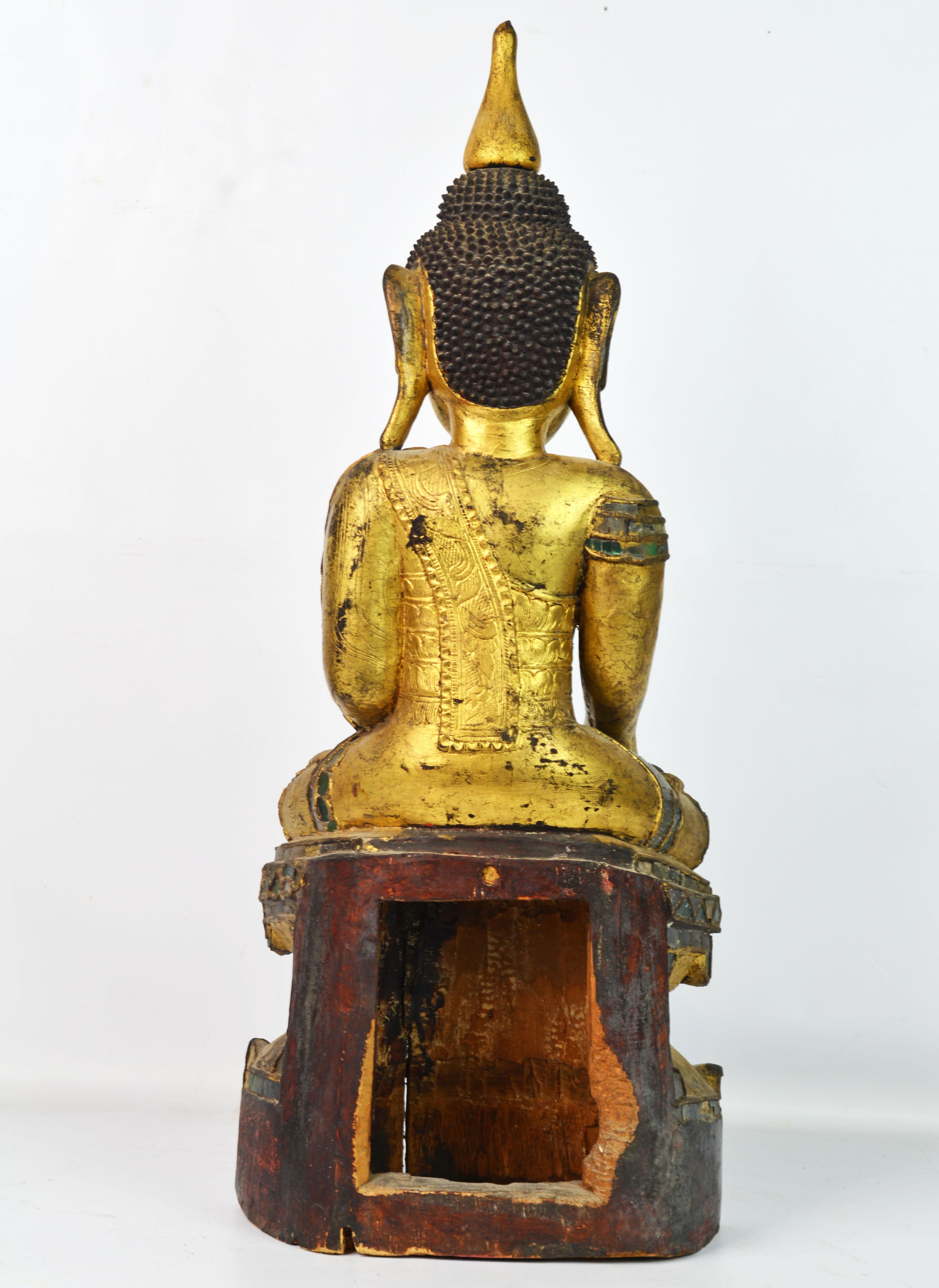 19th Century Richly Glass Inlaid Carved Burmese Shan Buddha Seated on a Throne 1