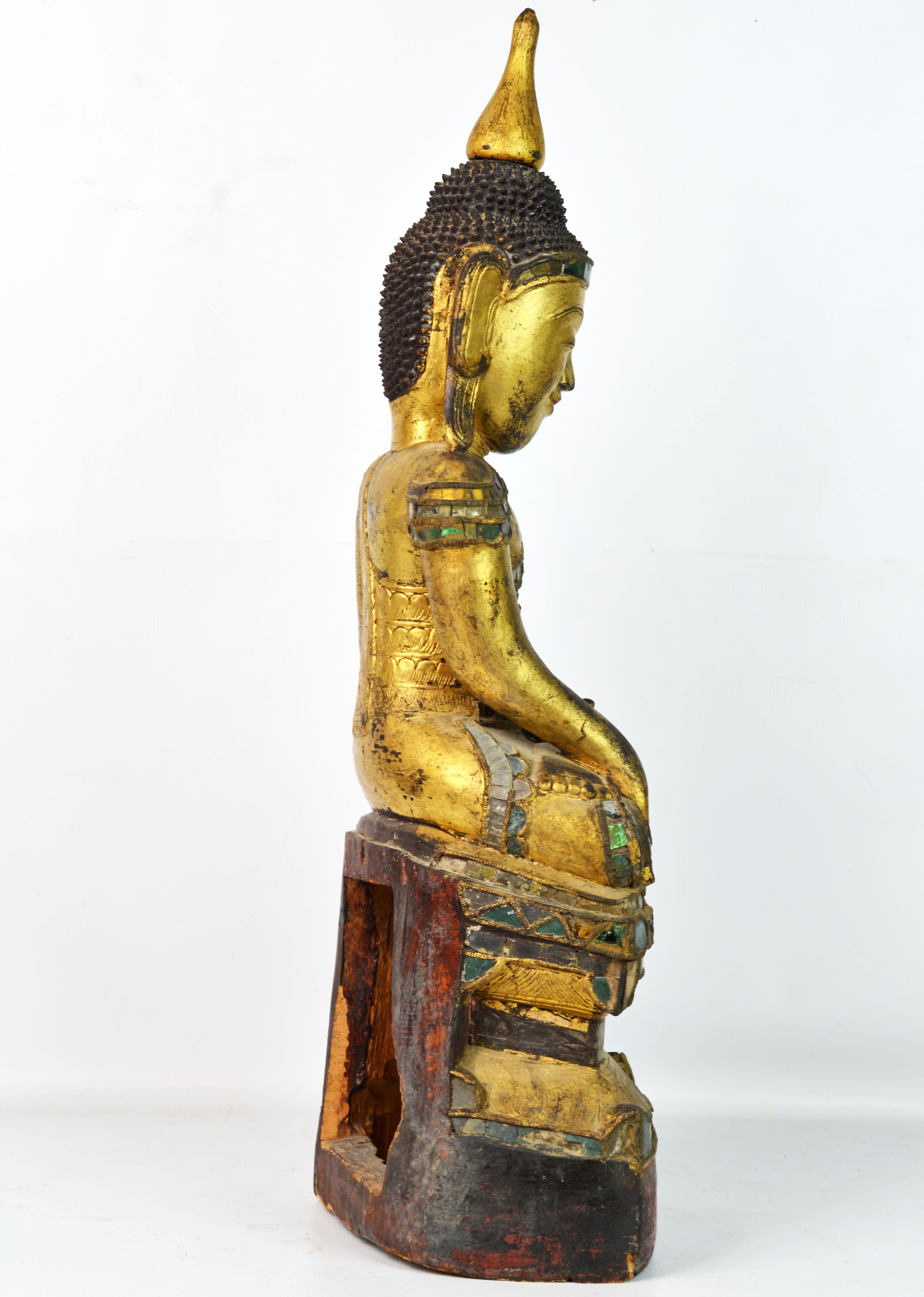19th Century Richly Glass Inlaid Carved Burmese Shan Buddha Seated on a Throne 2
