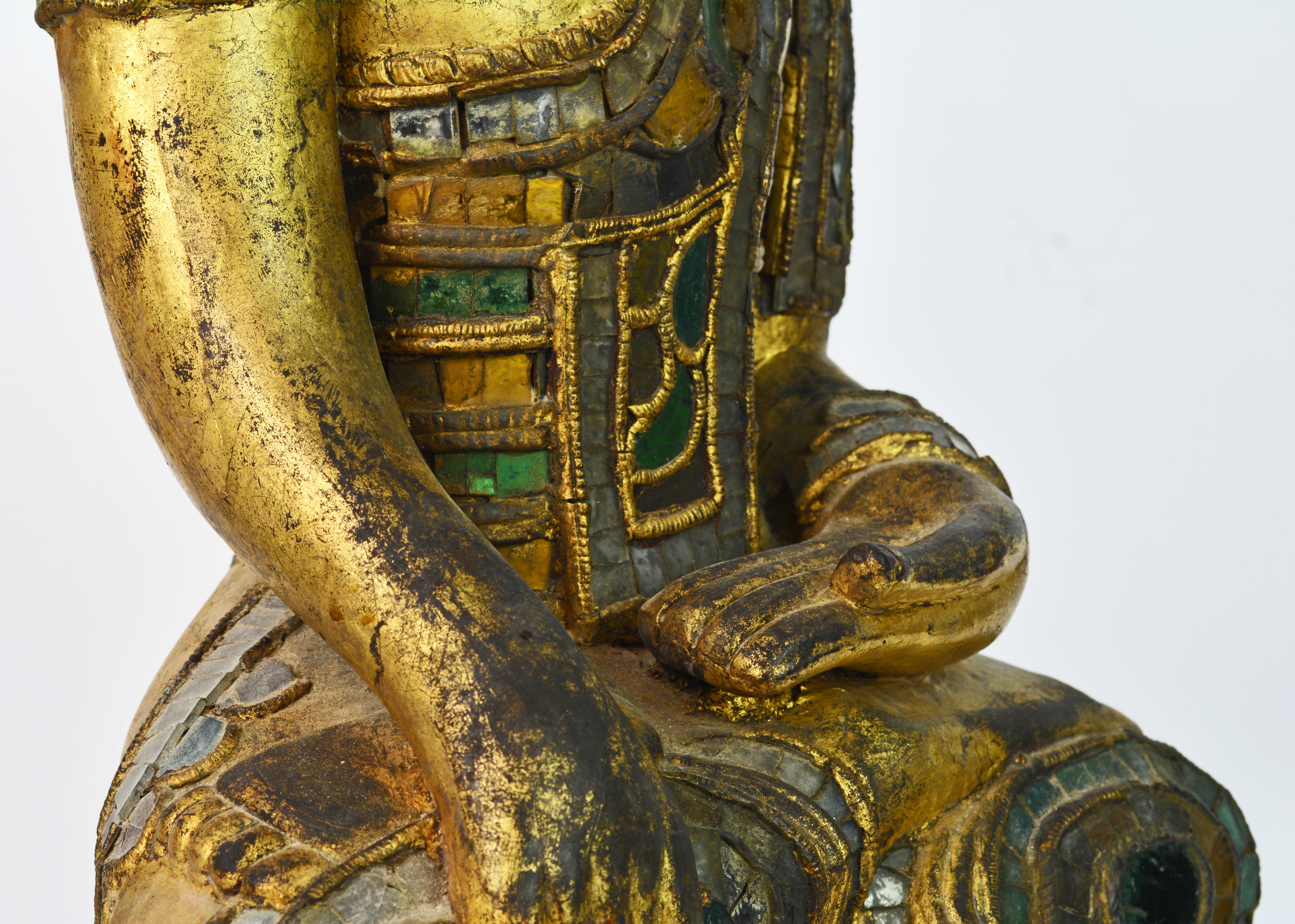 19th Century Richly Glass Inlaid Carved Burmese Shan Buddha Seated on a Throne 4