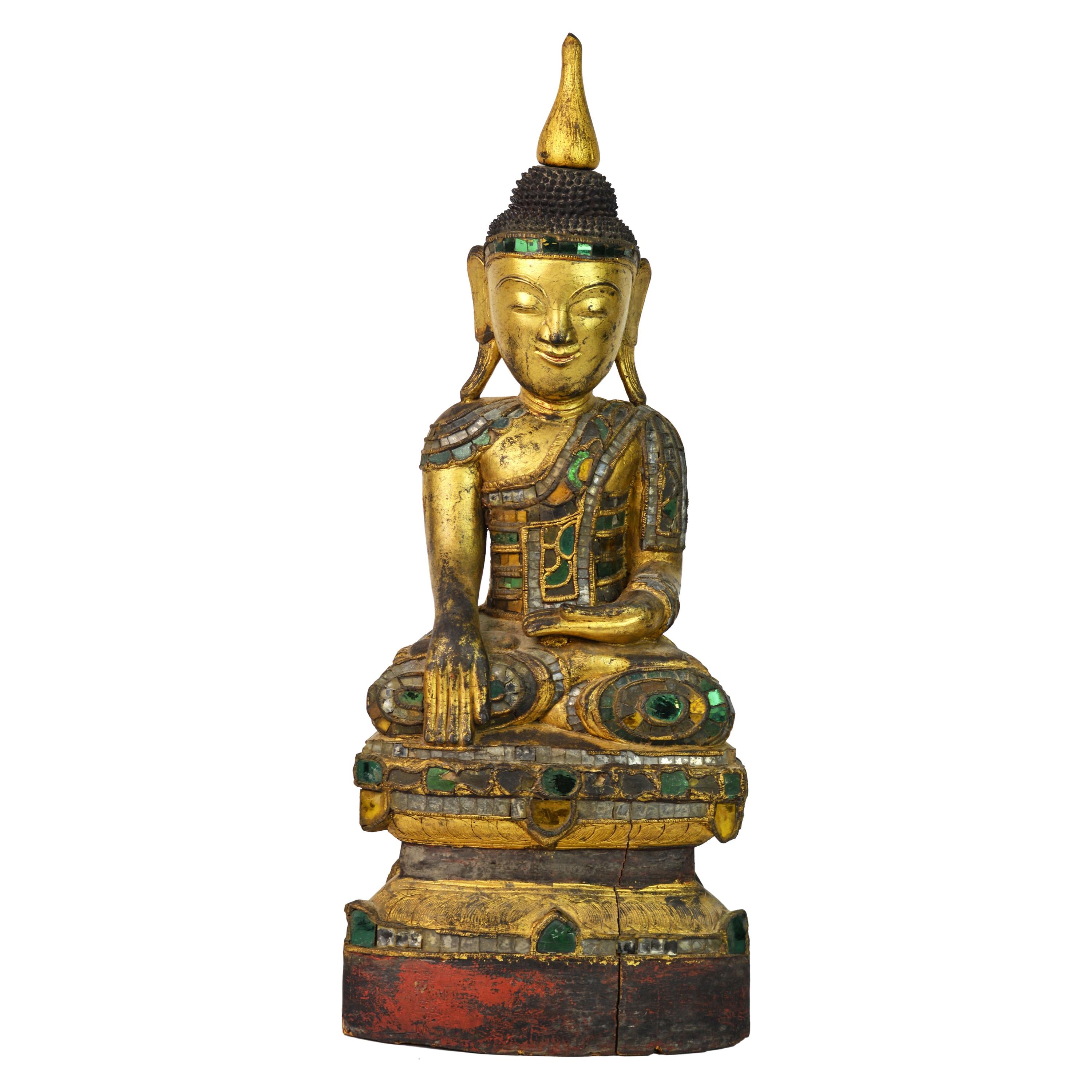 19th Century Richly Glass Inlaid Carved Burmese Shan Buddha Seated on a Throne