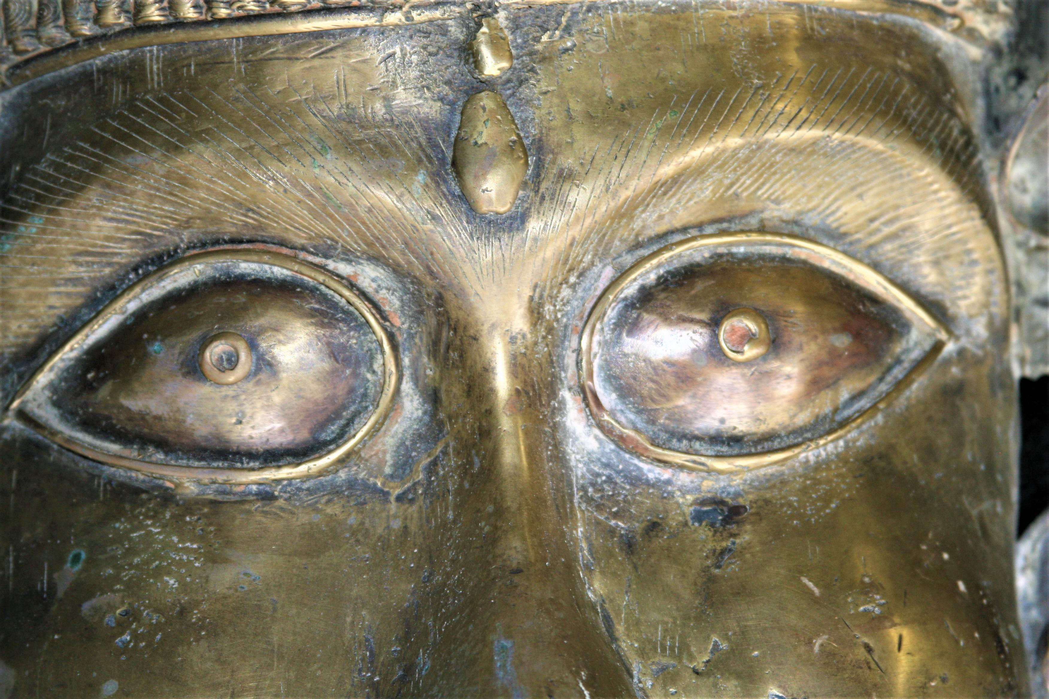 19th Century Ritualistic Bronze Facial Bhuta Mask from Temple Dancers in Kerala In Good Condition For Sale In Houston, TX